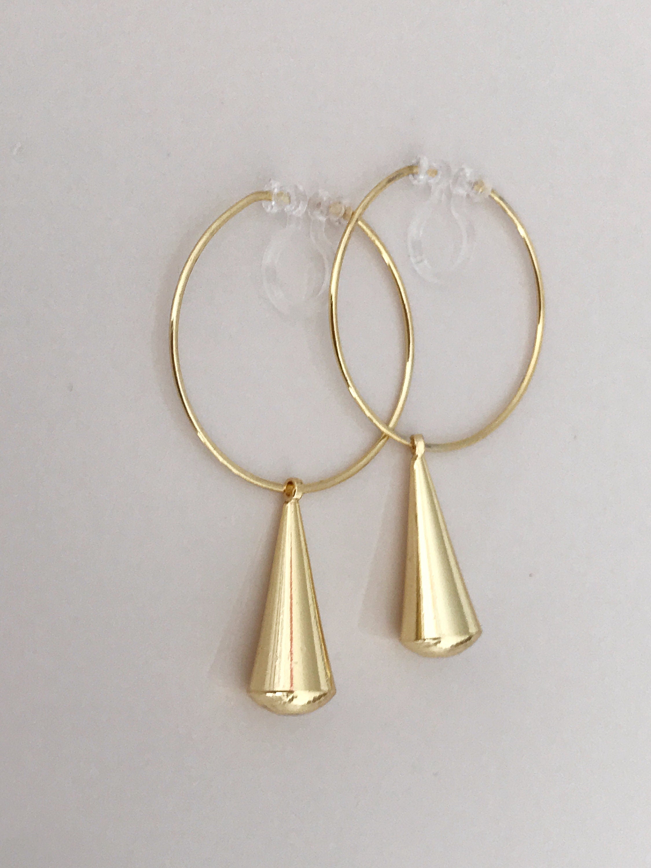 Clips d'oreilles Grande Cercle Créole très fin Perle Goutte d'eau couleur Or Boucles d'oreilles Clips Invisibles Moderne Anneaux 30mm.