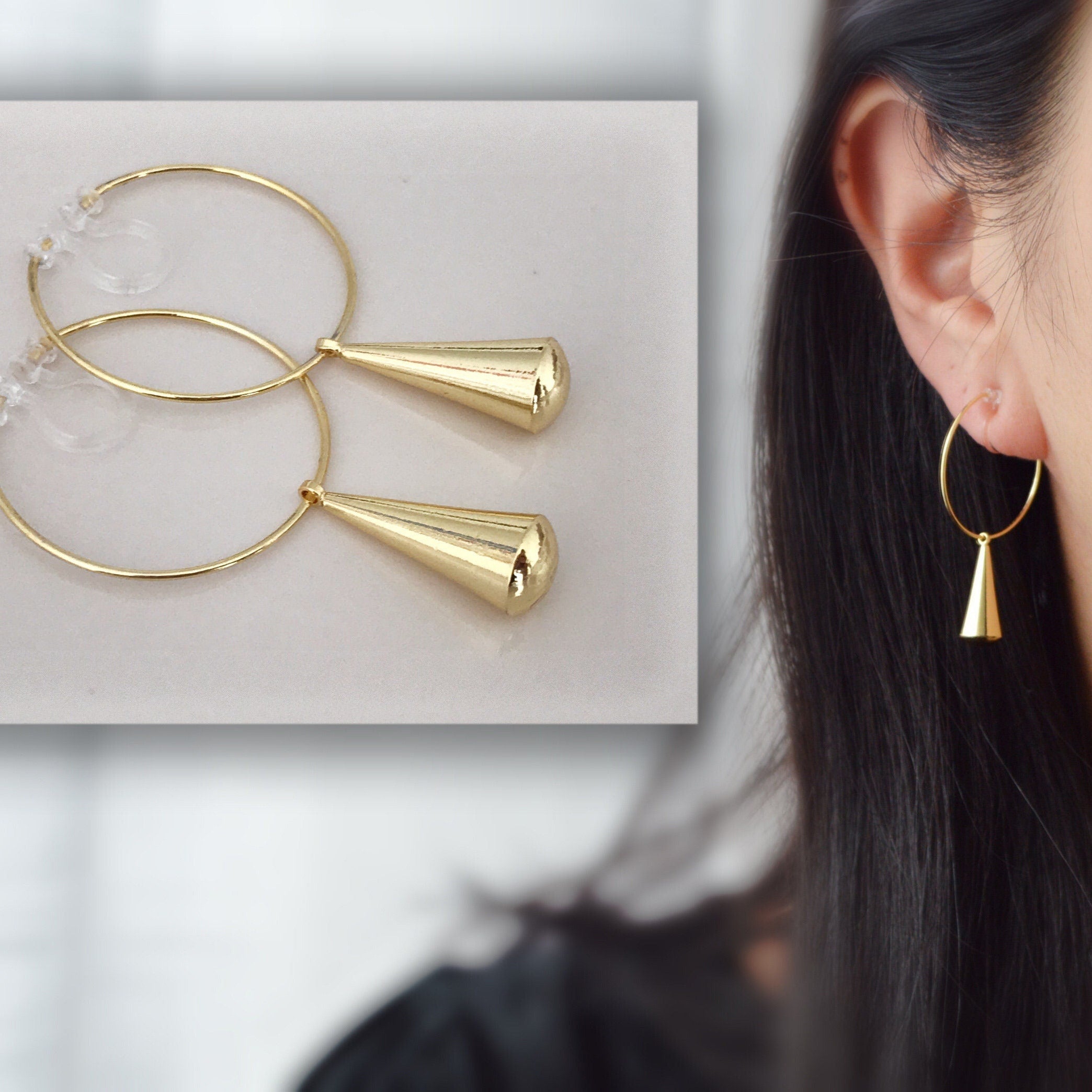 Clips d'oreilles Grande Cercle Créole très fin Perle Goutte d'eau couleur Or Boucles d'oreilles Clips Invisibles Moderne Anneaux 30mm.