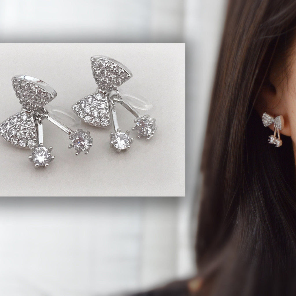 Boucles d'oreilles CLIPS invisible Noeud de papillon couleur Argent avec Zircon, Clips d'oreilles délicat.