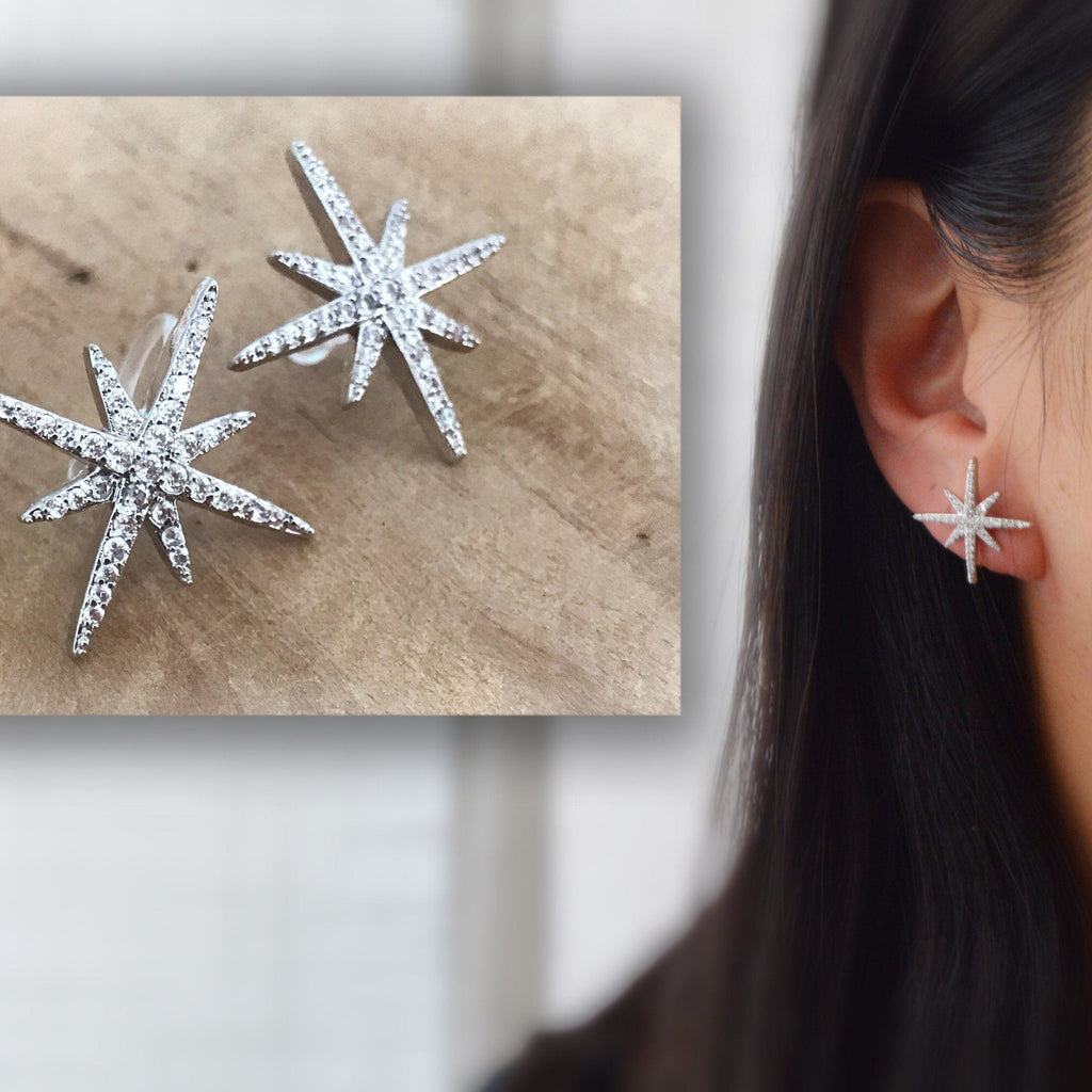 Boucles d'oreilles Clips INVISIBLES, Étoile Zircon Couleur Argenté. Clips d'oreilles.