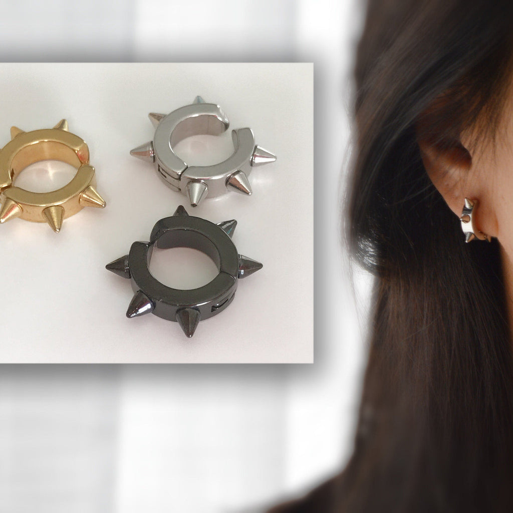 Rivet Punk Rock CLIPS earrings, silver, gold, black color rings, for non-pierced ears. Daily Jewelry Men Women