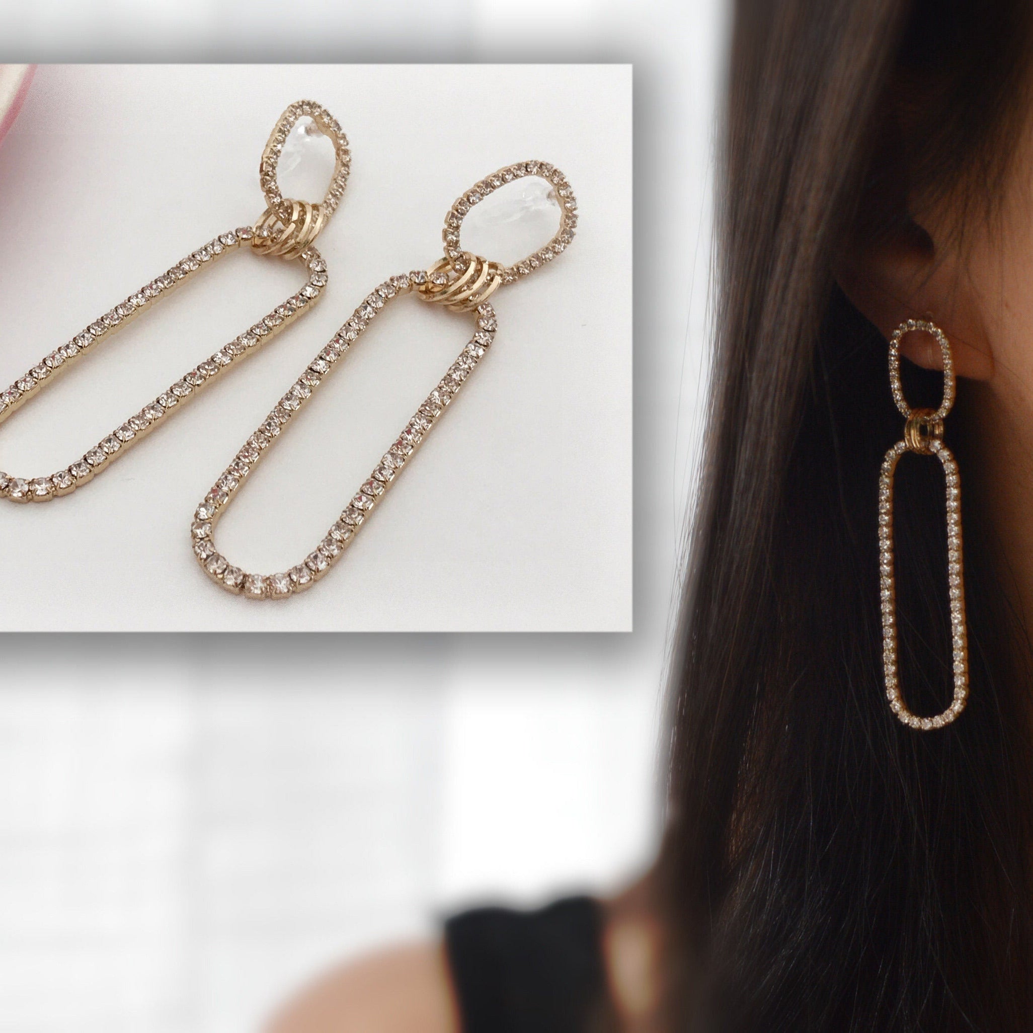 Longues Clips d'oreilles avec Double ovale strass couleur doré, Longues Boucles d'oreilles CLIPS Invisible pendantes confortable.