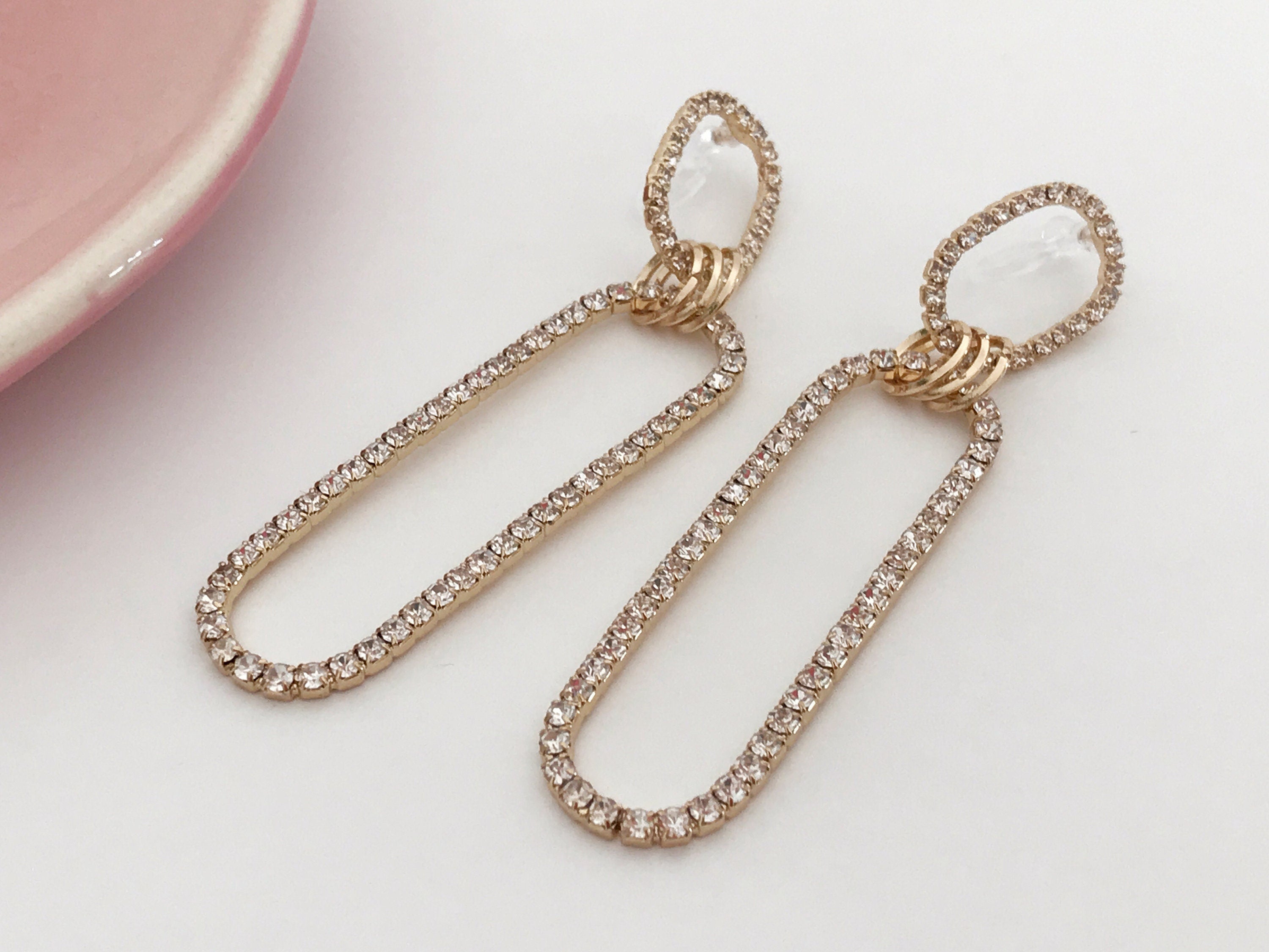 Longues Clips d'oreilles avec Double ovale strass couleur doré, Longues Boucles d'oreilles CLIPS Invisible pendantes confortable.