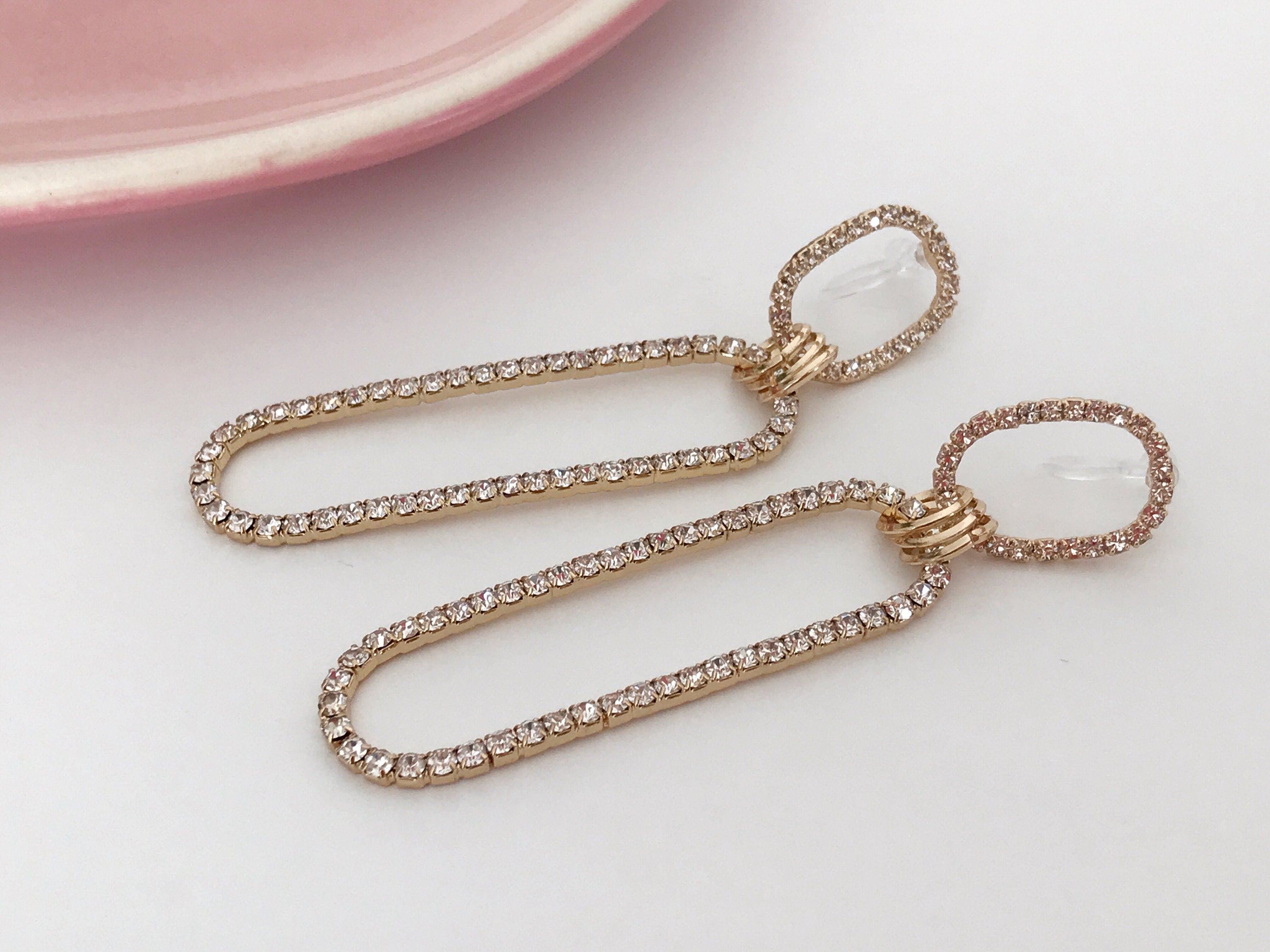 Longues Clips d'oreilles avec Double ovale strass couleur doré, Longues Boucles d'oreilles CLIPS Invisible pendantes confortable.