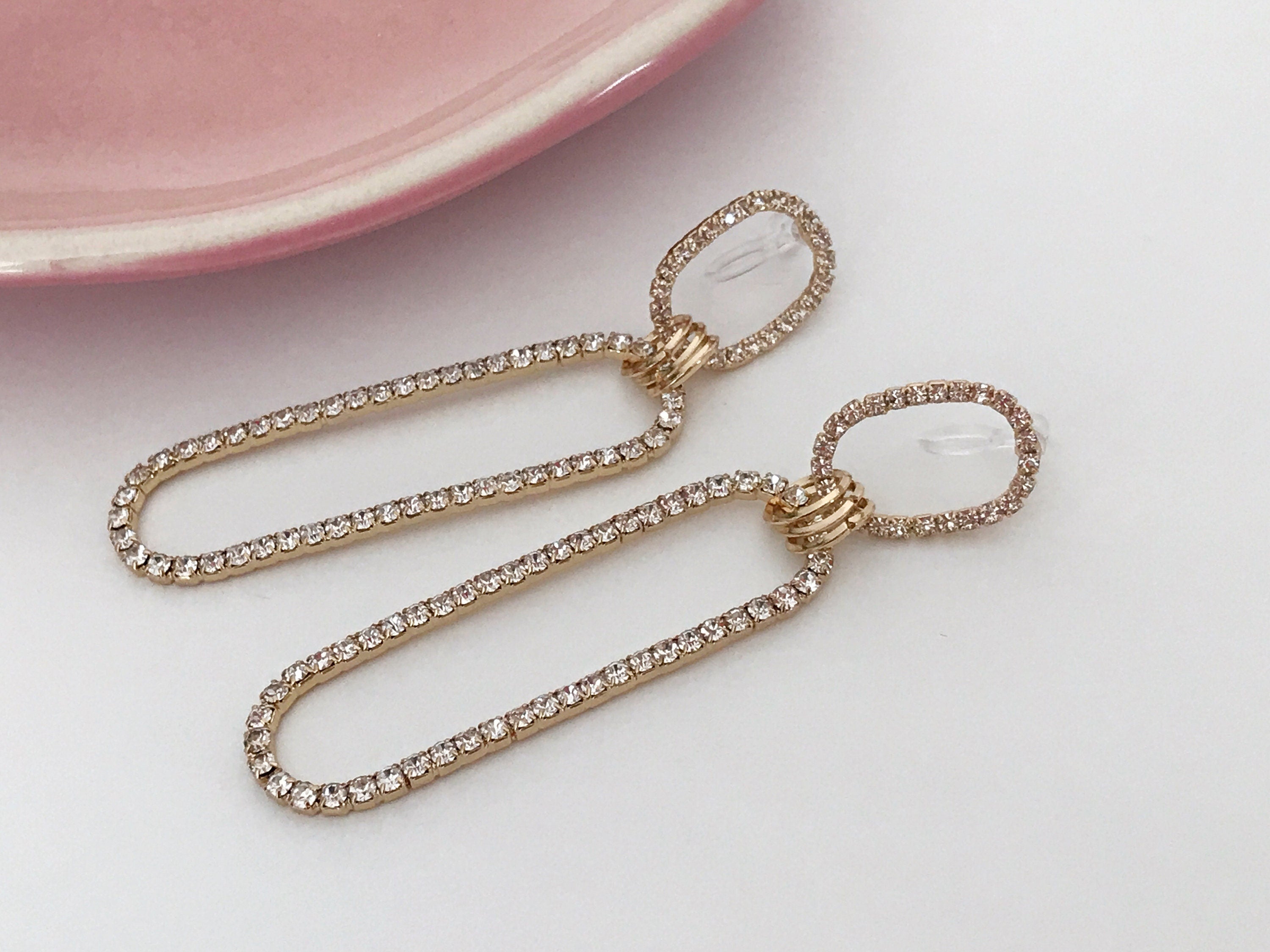 Longues Clips d'oreilles avec Double ovale strass couleur doré, Longues Boucles d'oreilles CLIPS Invisible pendantes confortable.
