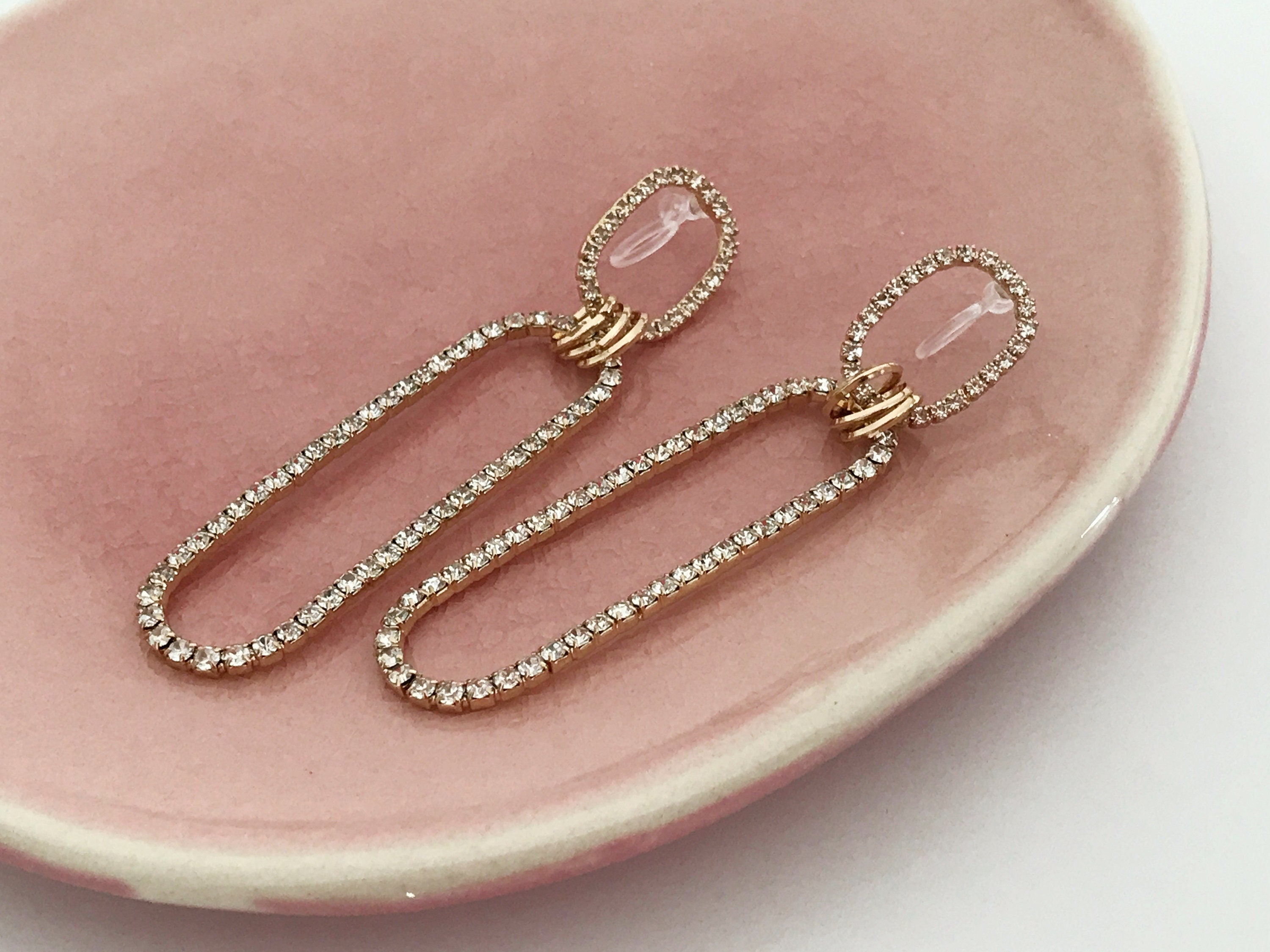 Longues Clips d'oreilles avec Double ovale strass couleur doré, Longues Boucles d'oreilles CLIPS Invisible pendantes confortable.