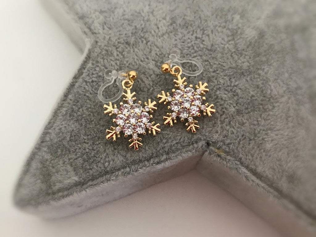 Large/Small Snowflake. Invisible gold-plated brass clips, Zircon. Delicate Jewelry. Christmas Gifts Ready to give
