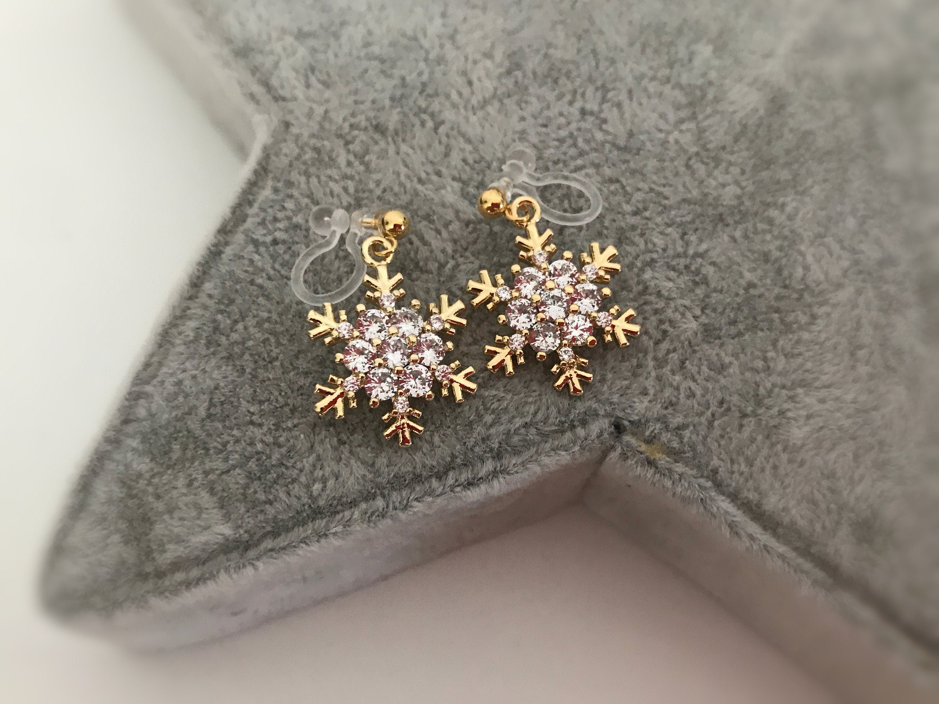 Large/Small Snowflake. Invisible gold-plated brass clips, Zircon. Delicate Jewelry. Christmas Gifts Ready to give