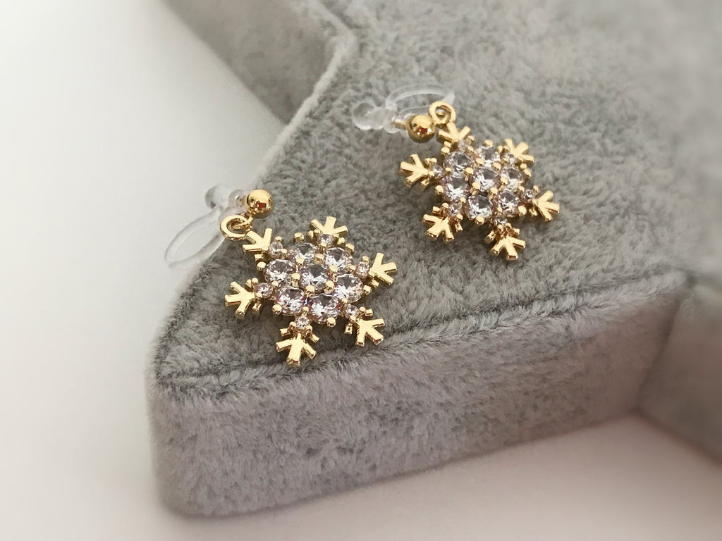 Large/Small Snowflake. Invisible gold-plated brass clips, Zircon. Delicate Jewelry. Christmas Gifts Ready to give