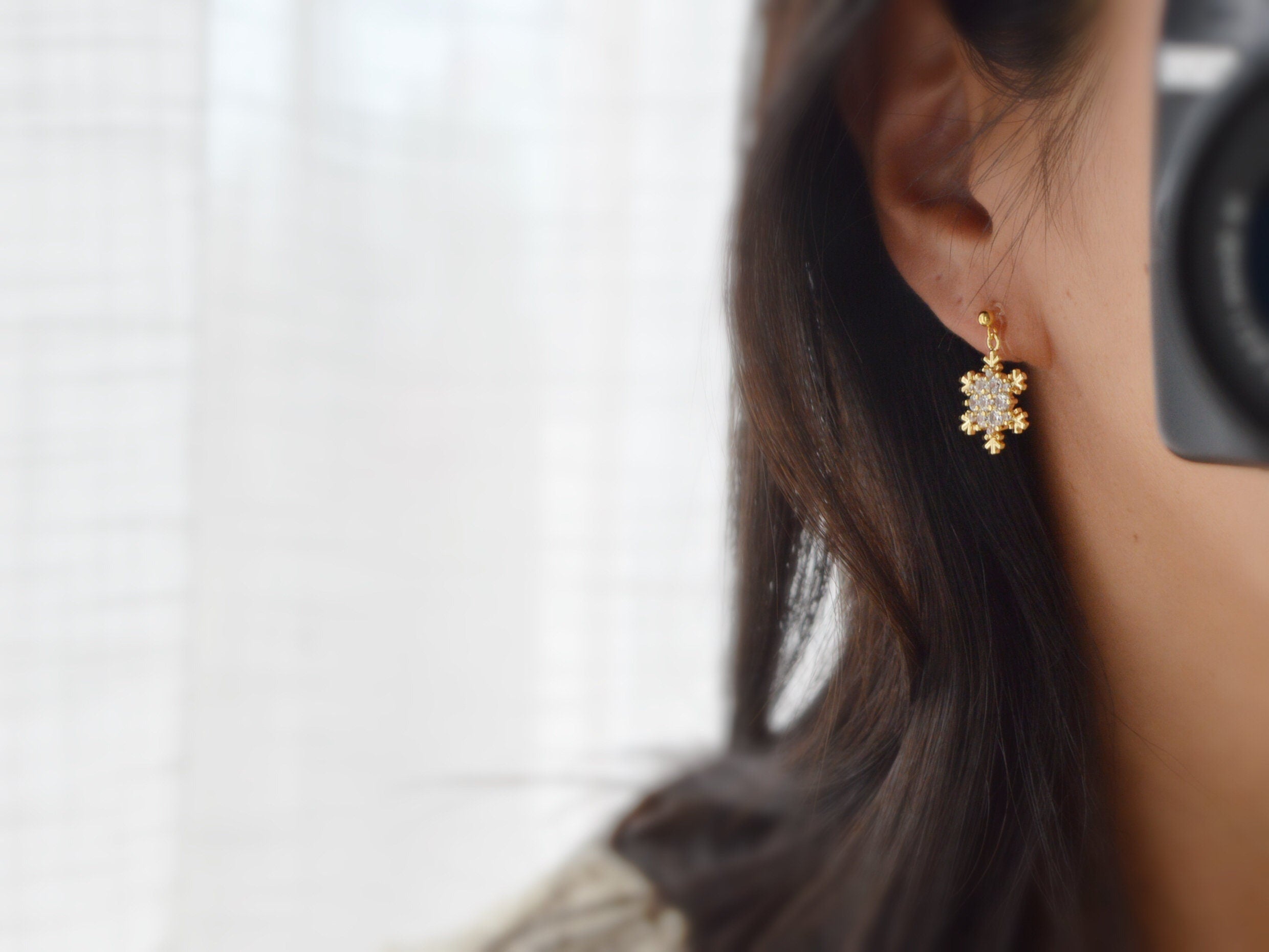 Large/Small Snowflake. Invisible gold-plated brass clips, Zircon. Delicate Jewelry. Christmas Gifts Ready to give