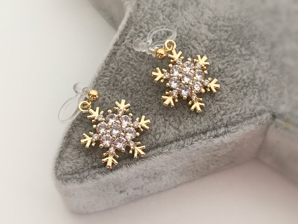 Large/Small Snowflake. Invisible gold-plated brass clips, Zircon. Delicate Jewelry. Christmas Gifts Ready to give