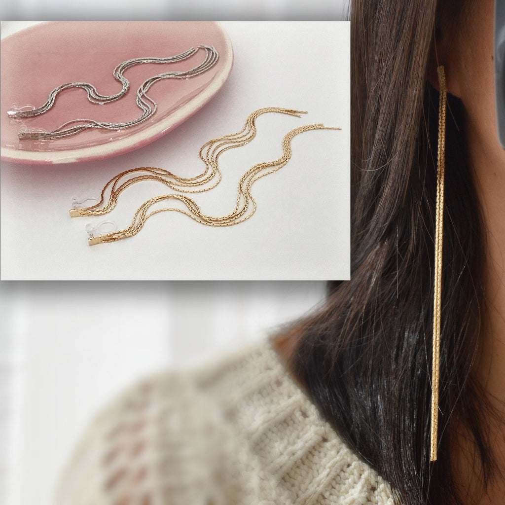 Super longues Boucles d'oreilles Clips INVISIBLES, Clips d'oreilles Chaîne Argenté ou doré. Bijoux Minimaliste.