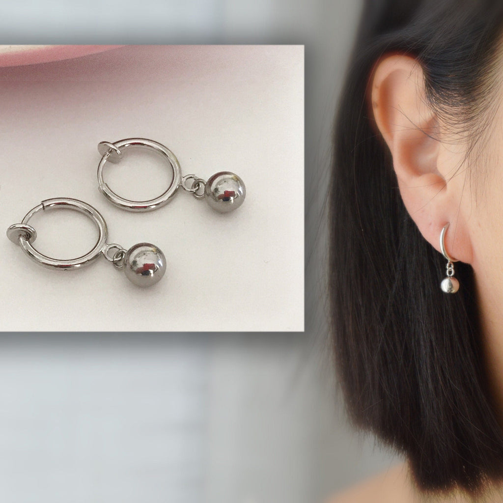 CLIPS earrings with silver metal rings, silver pearl ear clips, daily jewelry