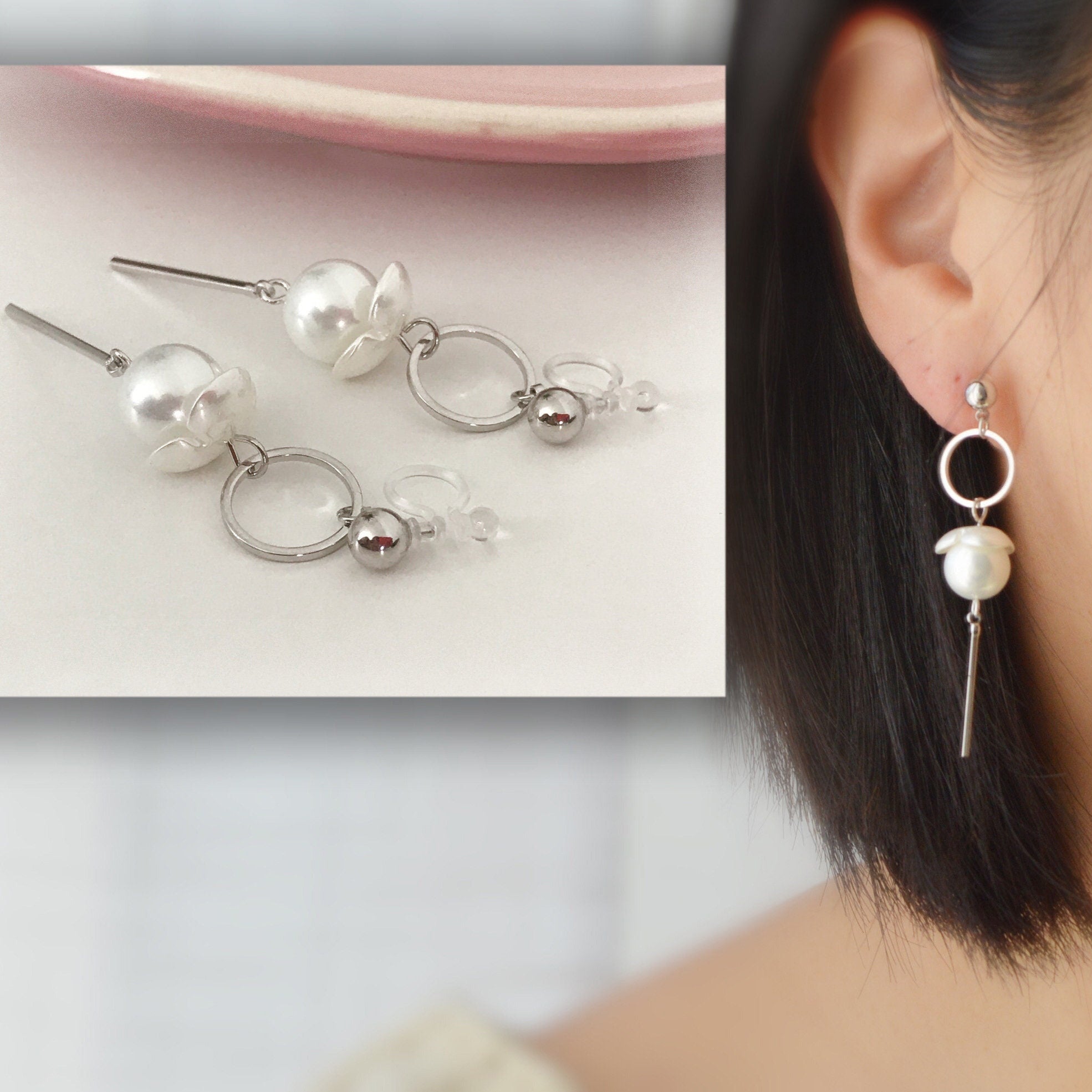 Longues Clips d'oreilles Cercle argenté, Fleur blanche, Grande Perle blanche, Barre argenté CLIPS Invisible pendantes confortable
