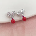 Clips d'oreilles Petit Coeur argenté mini zircon blanc et Rose, Petite Perle rouge. Bijoux quotidien. Boucles d'oreilles Clips INVISIBLES