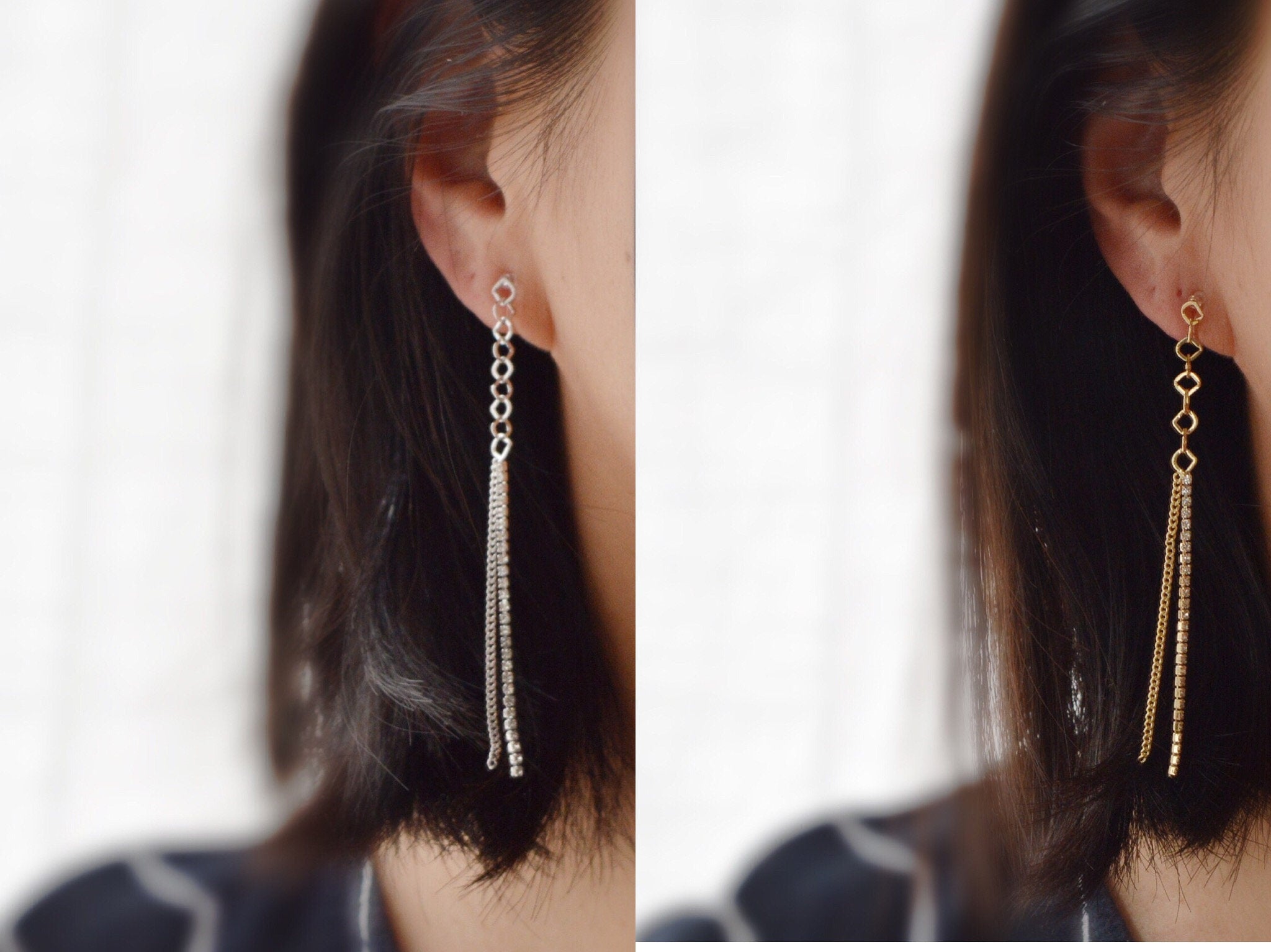 Longues Boucles d'oreilles Clips INVISIBLES, Chaine losange, Strass, Clips d'oreilles longue Chaîne Doré / Argenté.