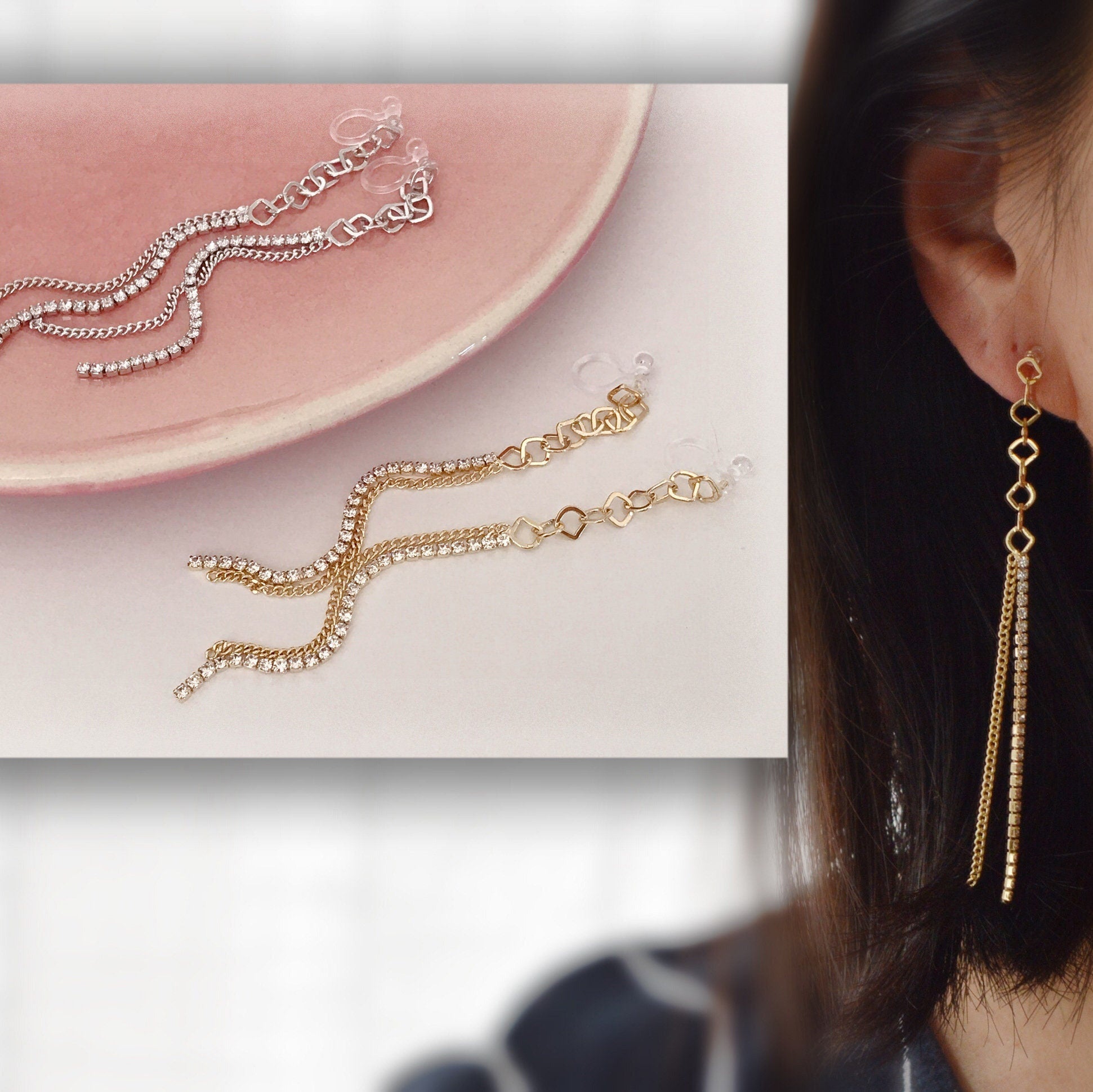 Longues Boucles d'oreilles Clips INVISIBLES, Chaine losange, Strass, Clips d'oreilles longue Chaîne Doré / Argenté.
