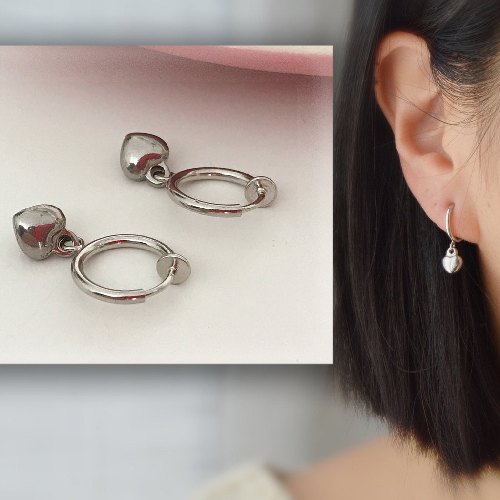 Boucles d'oreilles CLIPS anneaux en métal argenté, Clips d'oreilles Mini coeur argenté Bijoux quotidien