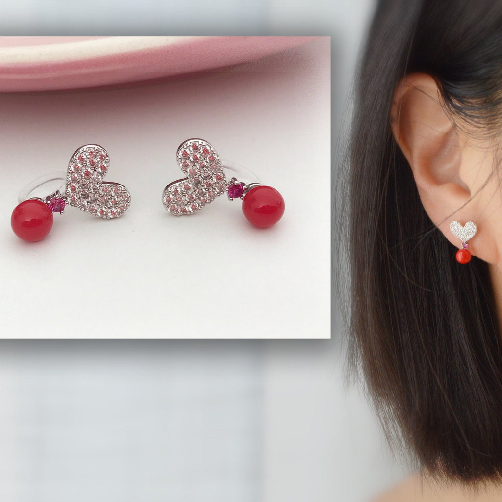 Clips d'oreilles Petit Coeur argenté mini zircon blanc et Rose, Petite Perle rouge. Bijoux quotidien. Boucles d'oreilles Clips INVISIBLES