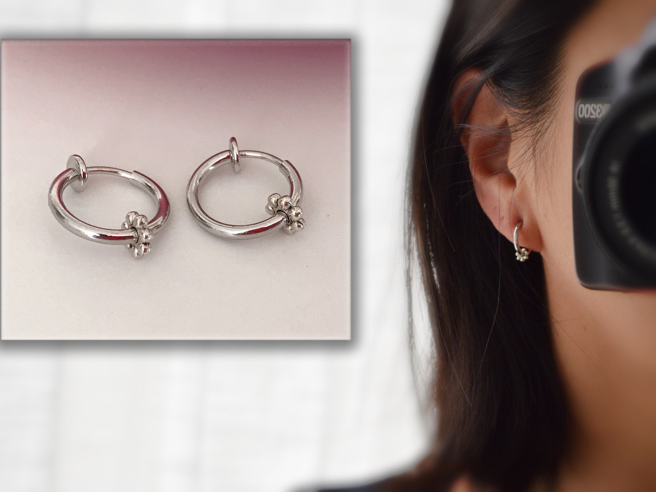 Ear clips 2-IN-1 CLIPS rings silver. mini pearl flower metal, very cute Non-pierced ears Daily jewelry Rings 1.3cm