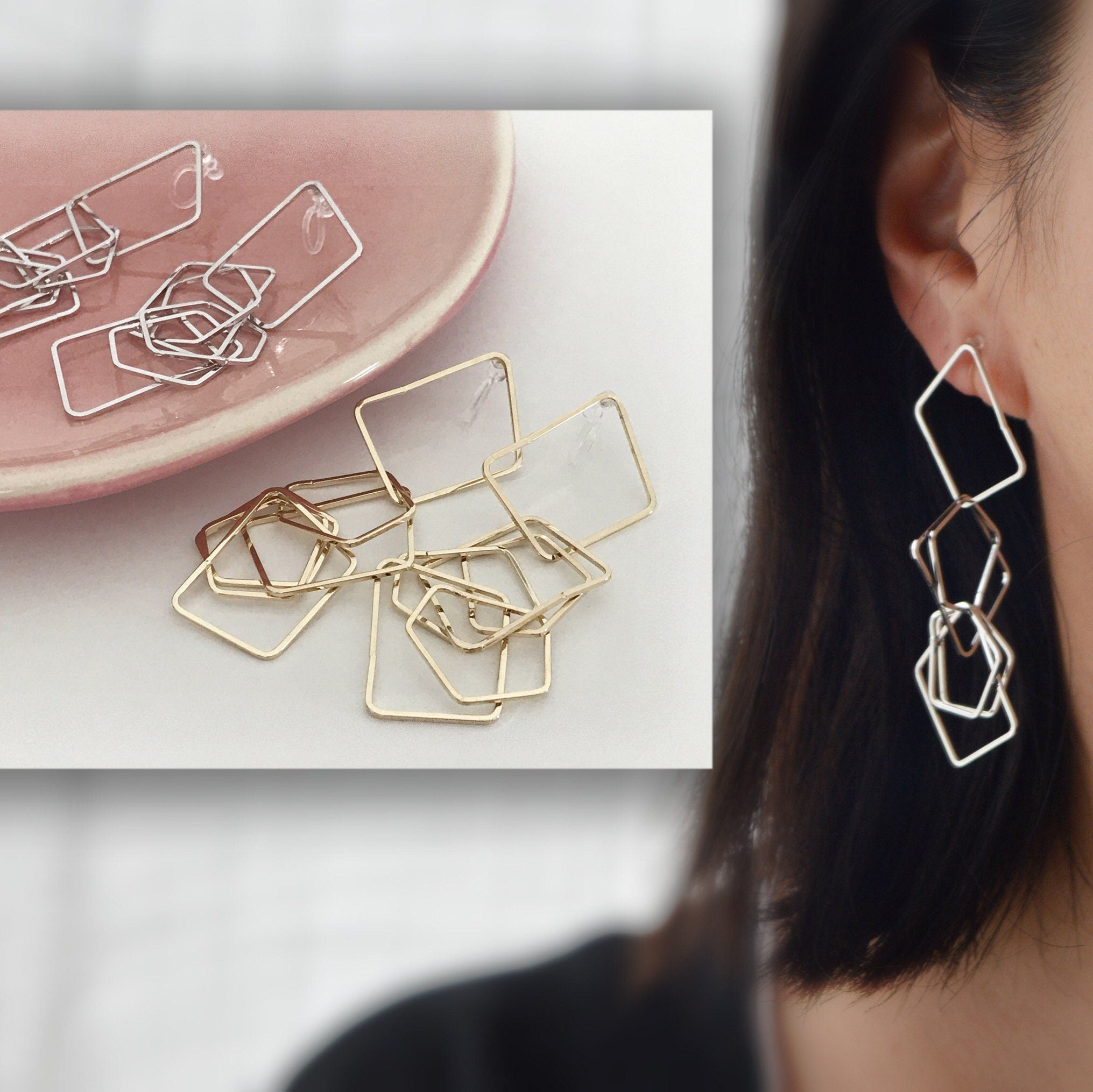 Longues Clips d'oreilles Trapèze rectangle et pentagone irrégulier couleur Or / Argent, CLIPS Invisible pendantes confortable.