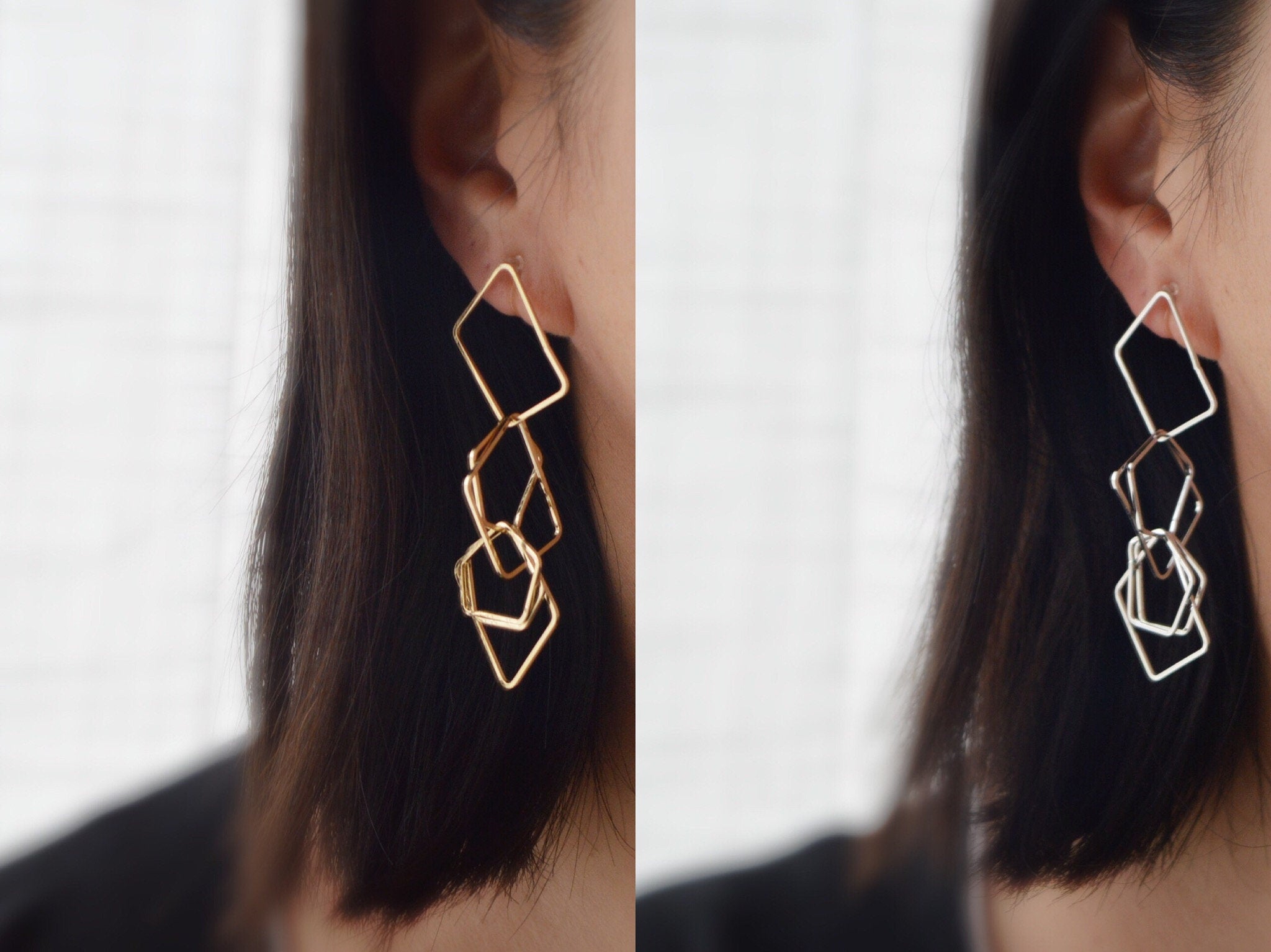 Longues Clips d'oreilles Trapèze rectangle et pentagone irrégulier couleur Or / Argent, CLIPS Invisible pendantes confortable.