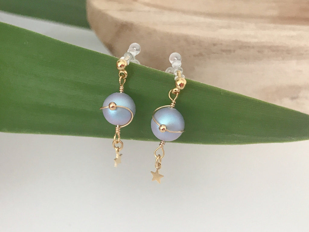 Mini star ear clips, Blue planet. CLIPS Invisible Blue Violet Beads, delicate comfortable daily