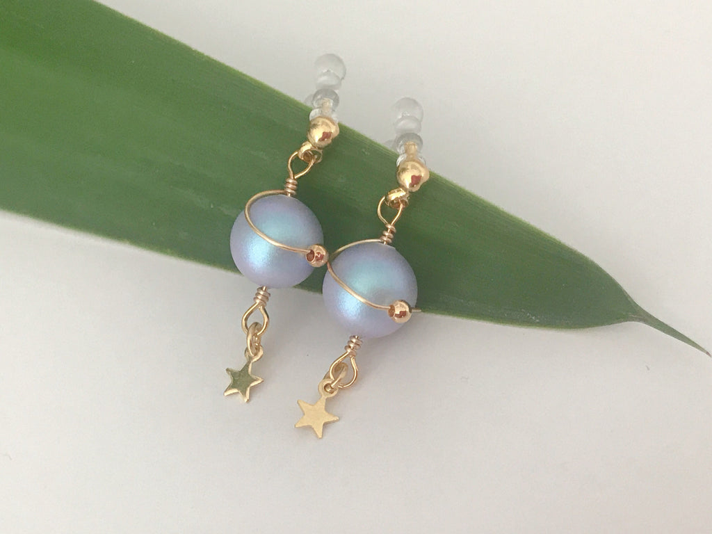 Mini star ear clips, Blue planet. CLIPS Invisible Blue Violet Beads, delicate comfortable daily