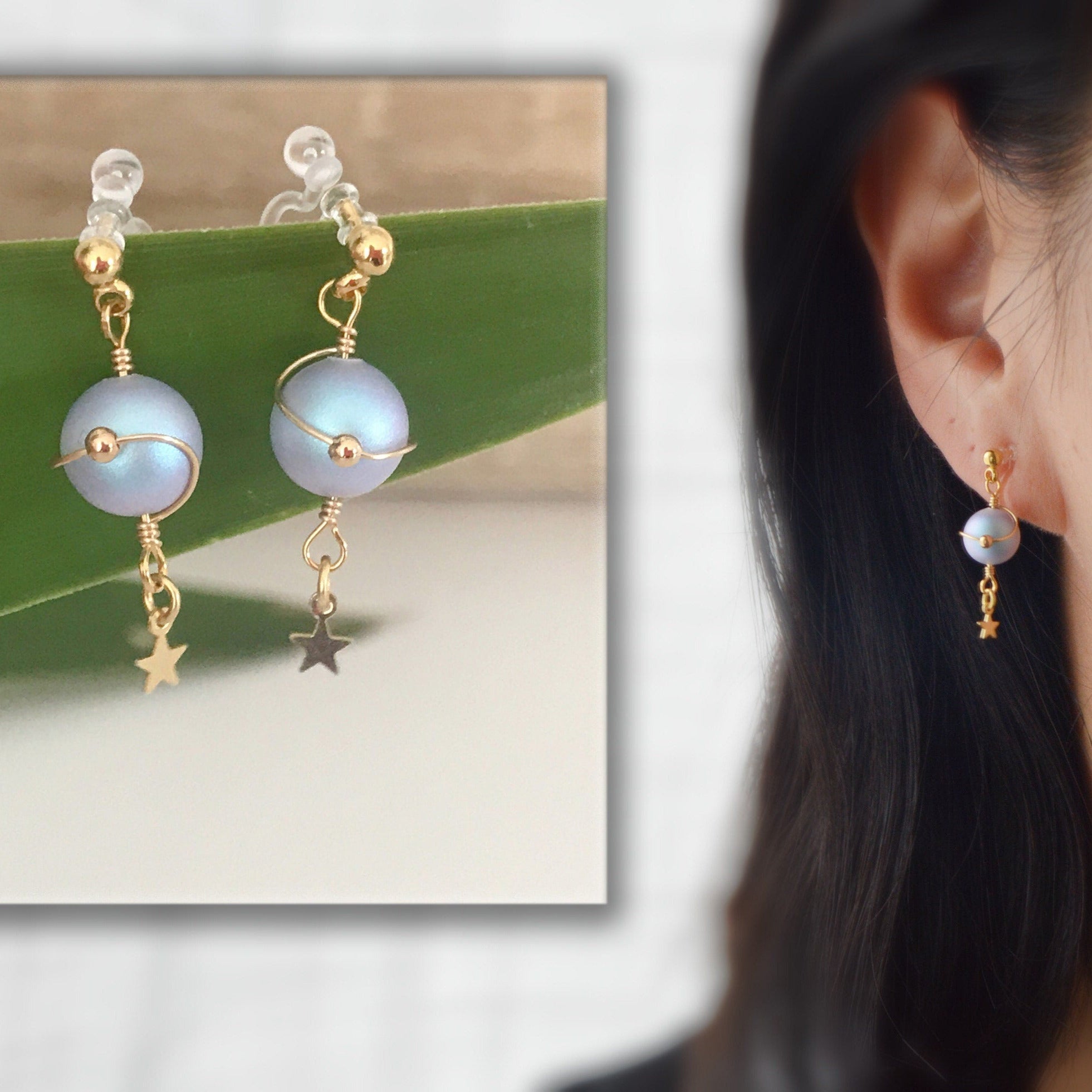 Mini star ear clips, Blue planet. CLIPS Invisible Blue Violet Beads, delicate comfortable daily