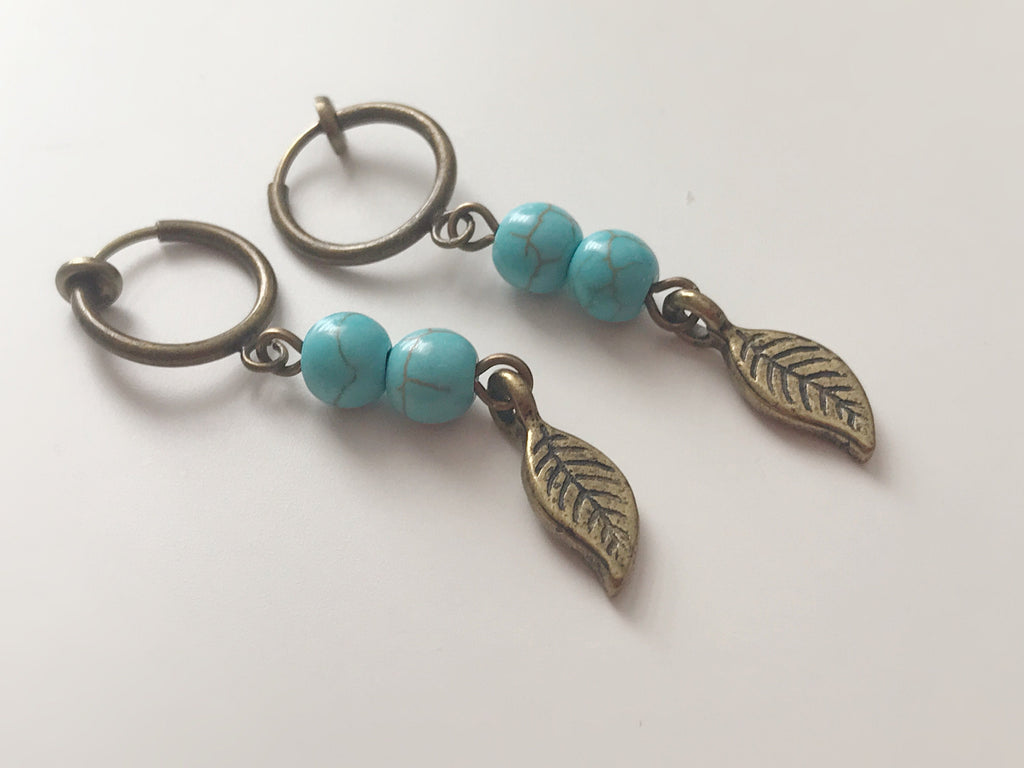Dangling ear clips Bronze metal leaf with Small turquoise blue beads Earrings CLIPS ring, Creole, Discreet clips