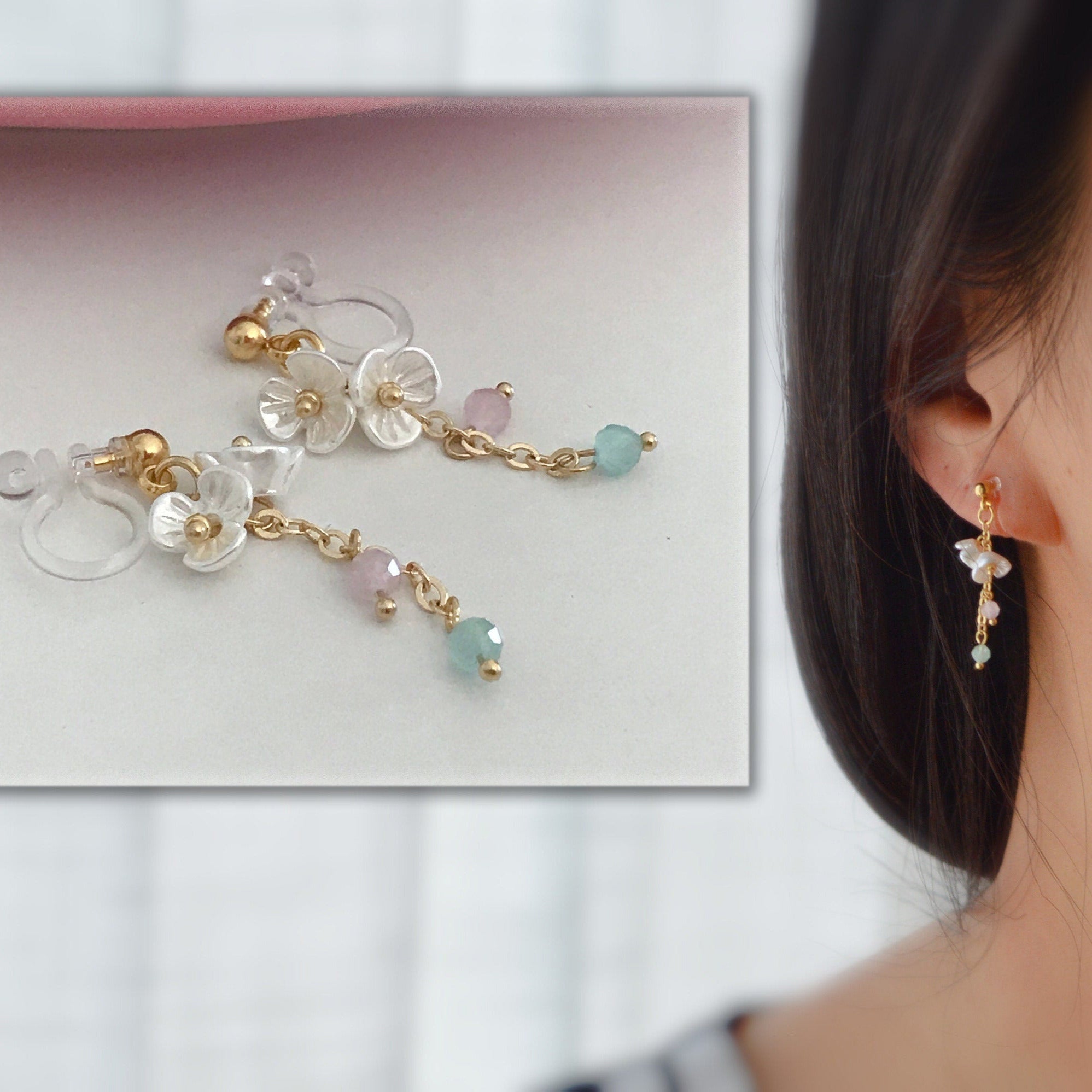 Boucles d'oreilles Clips INVISIBLES pendantes, Mini Perles facettes rose vert. Double Mini fleurs blanches. Clips d'oreilles confortable.