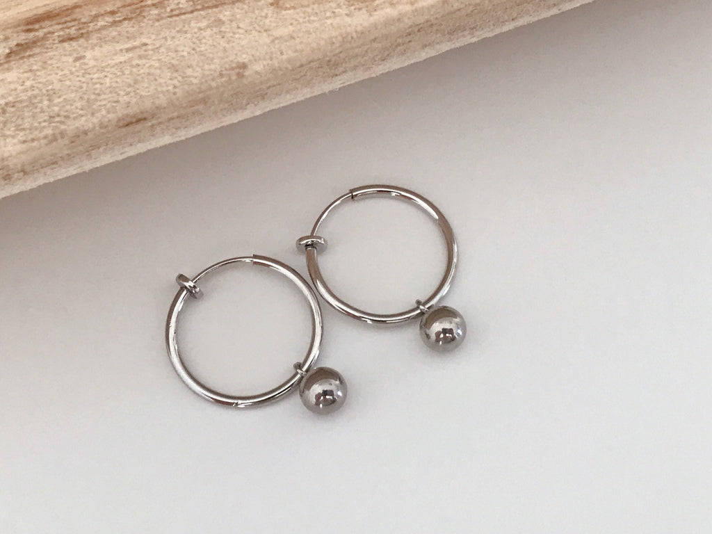 2 IN 1, 20mm Clip Hoops with mini pearl. Ear clips Silver rings CLIPS Invisible comfortable.
