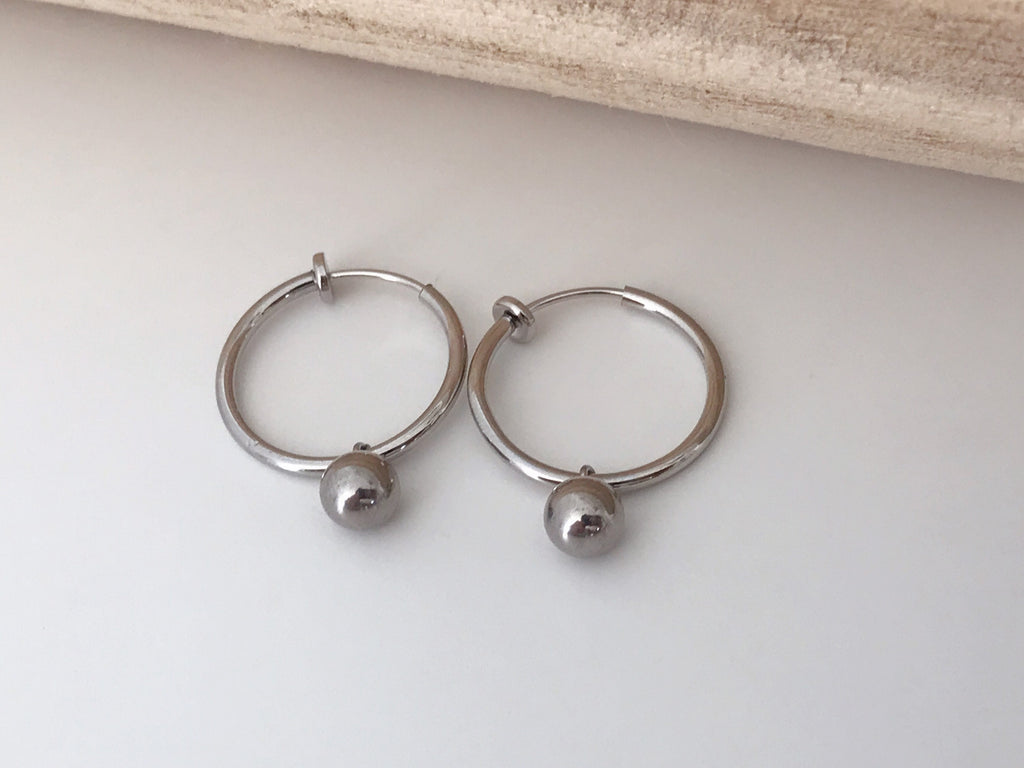 2 IN 1, 20mm Clip Hoops with mini pearl. Ear clips Silver rings CLIPS Invisible comfortable.