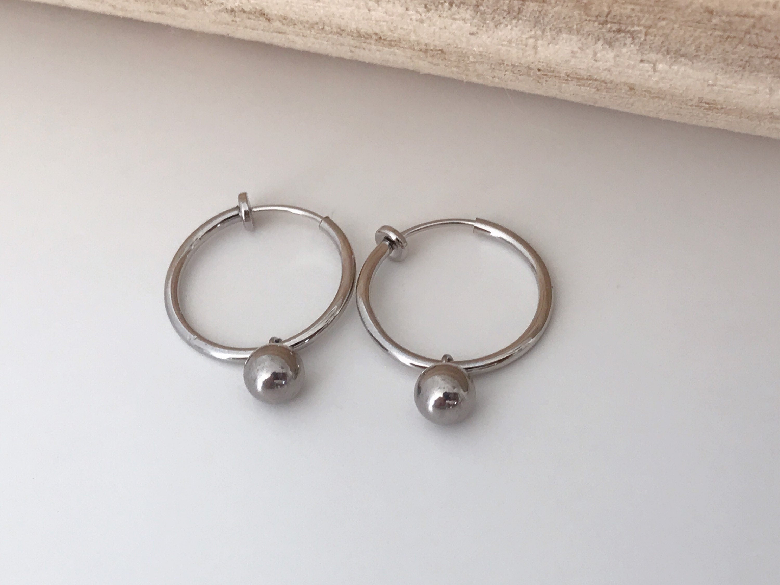 2 IN 1, 20mm Clip Hoops with mini pearl. Ear clips Silver rings CLIPS Invisible comfortable.