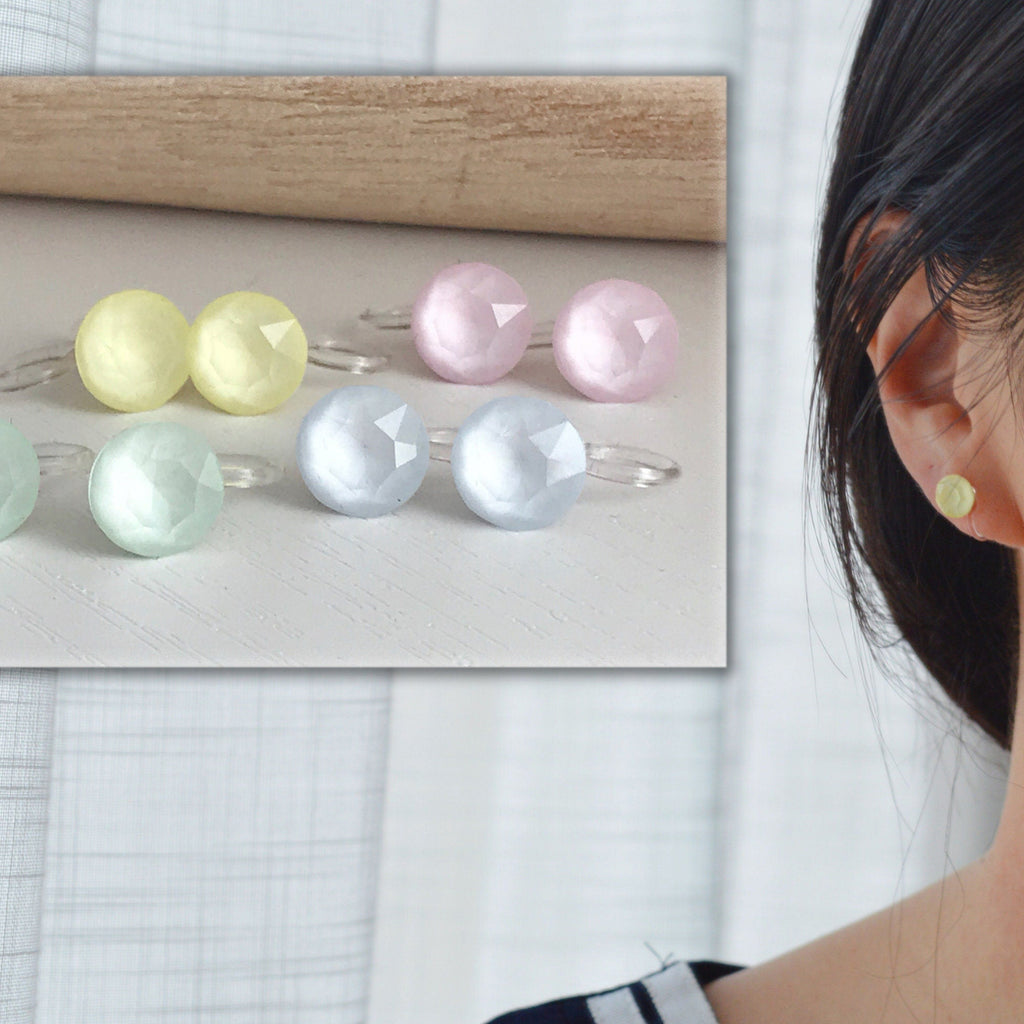 Minimalist invisible ear clips. PureCristal Crystals, Small Round Color Cream pink/ Cream green/ Cream blue/ Cream yellow. Crystal