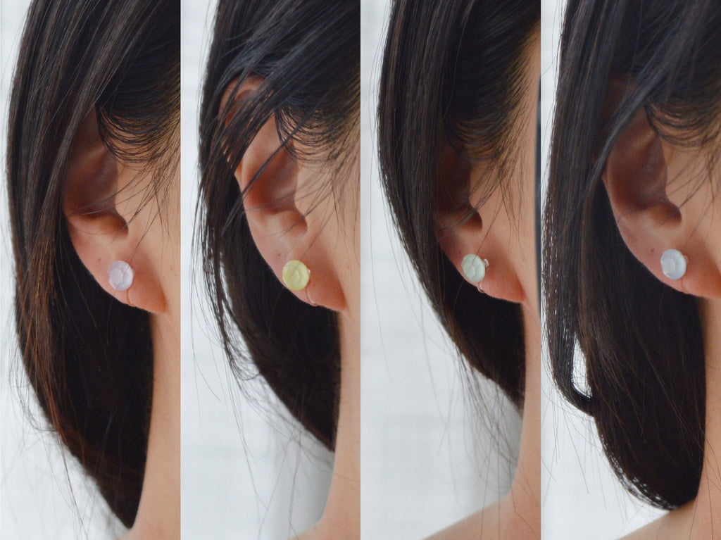 Minimalist invisible ear clips. PureCristal Crystals, Small Round Color Cream pink/ Cream green/ Cream blue/ Cream yellow. Crystal
