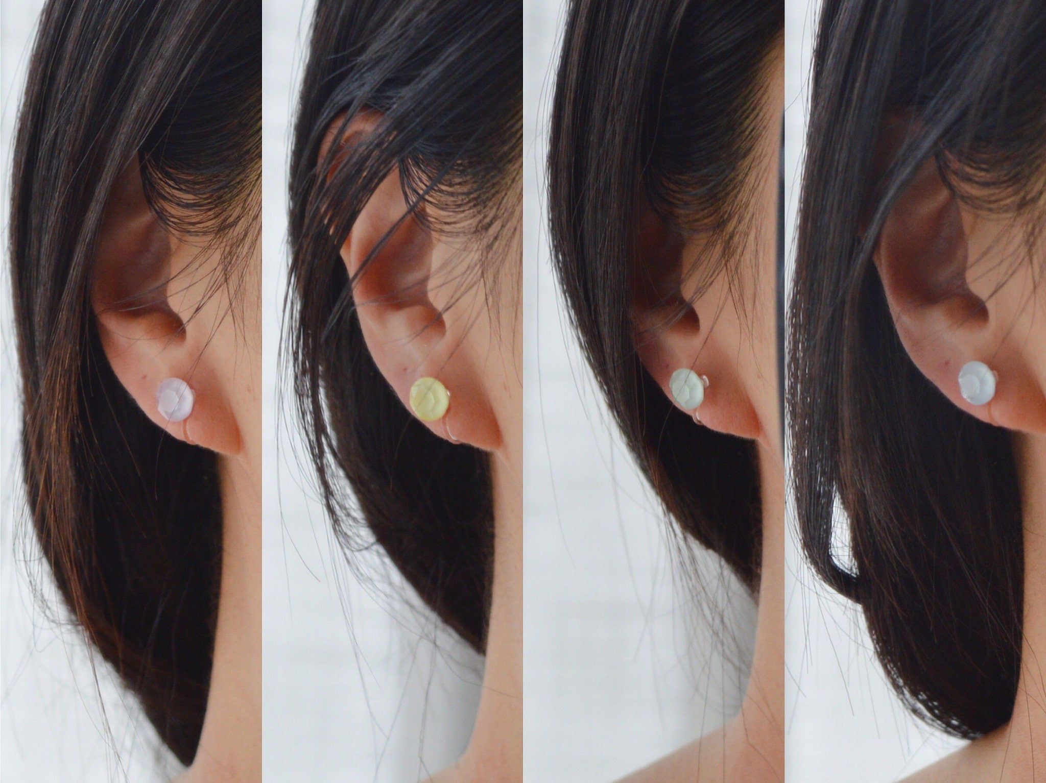 Minimalist invisible ear clips. PureCristal Crystals, Small Round Color Cream pink/ Cream green/ Cream blue/ Cream yellow. Crystal