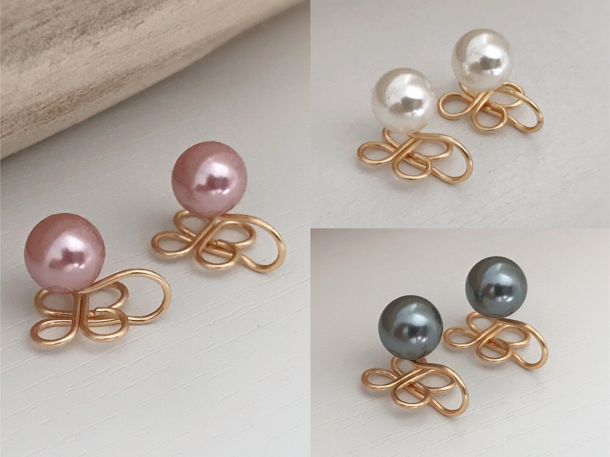 SANS DOULEUR !! Boucles d'oreilles CLIPS U en forme de trèfle à 4 ou 3 feuilles, Perle blanche /Rose / Gris. Boucles Délicates