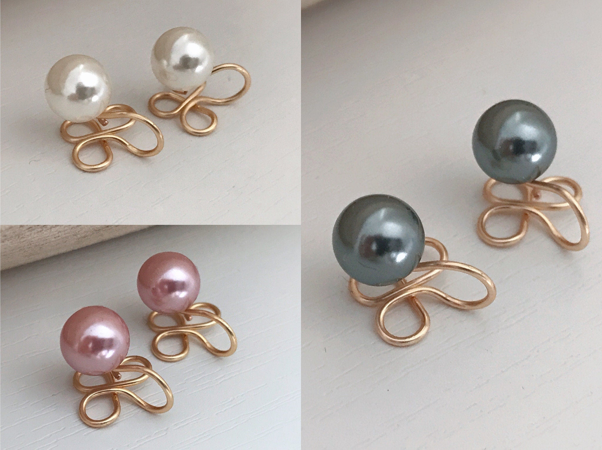SANS DOULEUR !! Boucles d'oreilles CLIPS U en forme de trèfle à 4 ou 3 feuilles, Perle blanche /Rose / Gris. Boucles Délicates