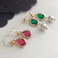 Perles goutte d'eau rouges, Perles ovales vertes avec perle blanche. Clips invisibles doré. Cadeaux Noël Emballage Prêt à offrir