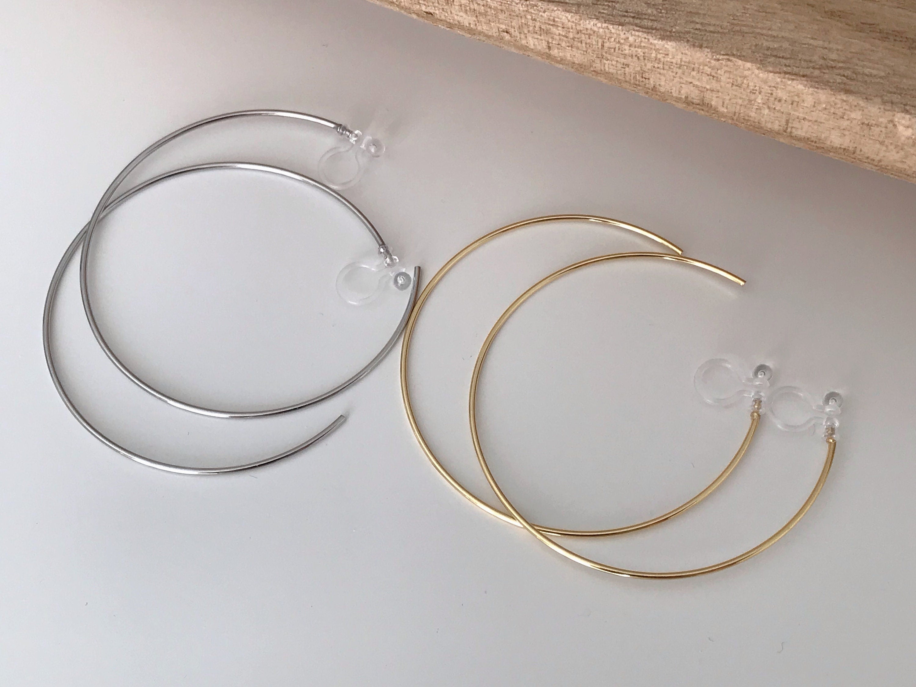 Large fine hoops. INVISIBLE Clip Earrings, Silver / Gold Hoops. Comfortable ear clips.