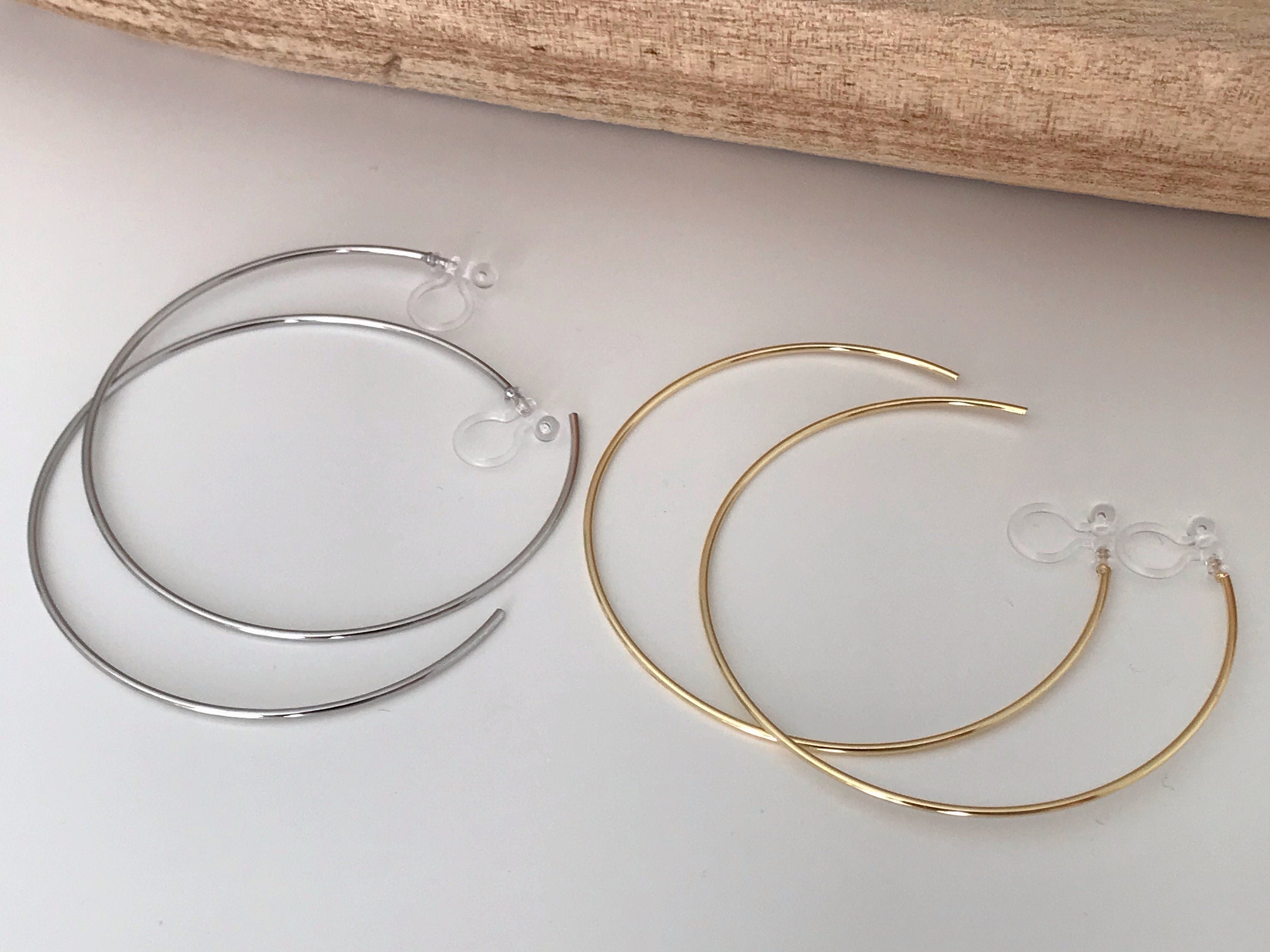 Large fine hoops. INVISIBLE Clip Earrings, Silver / Gold Hoops. Comfortable ear clips.