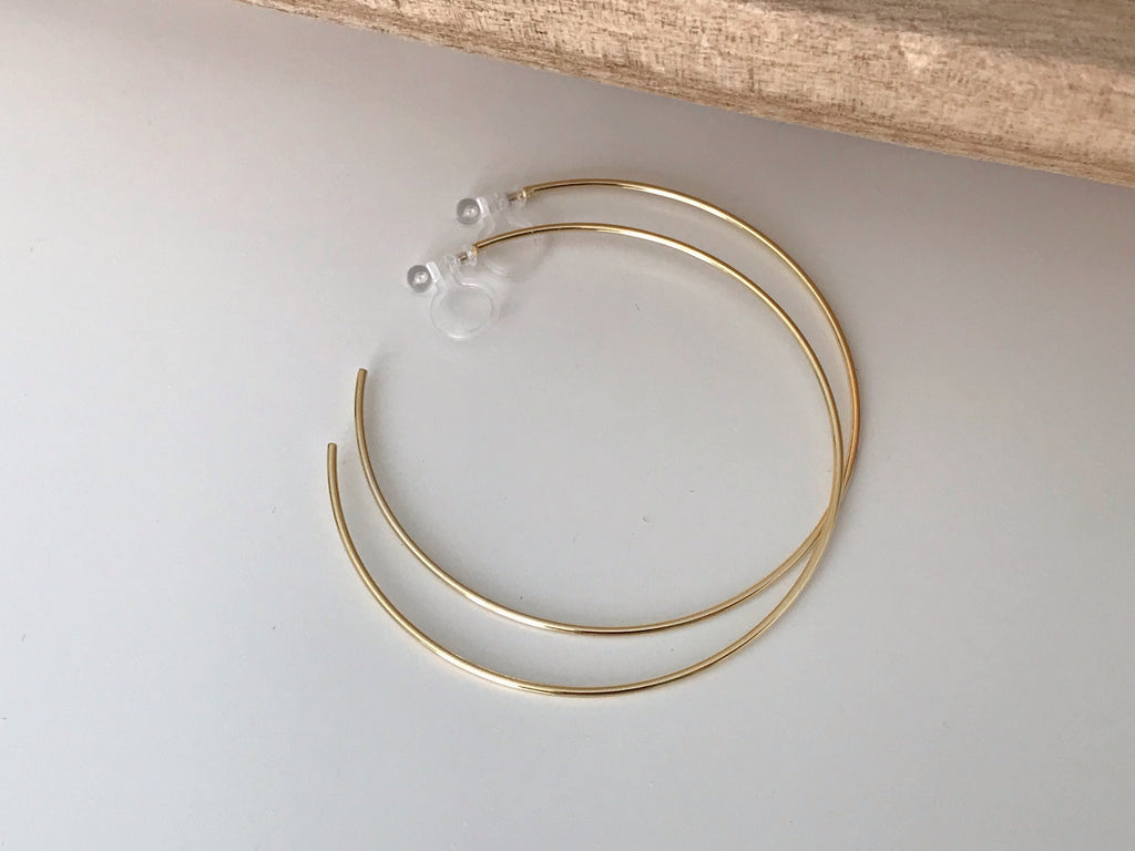 Large fine hoops. INVISIBLE Clip Earrings, Silver / Gold Hoops. Comfortable ear clips.