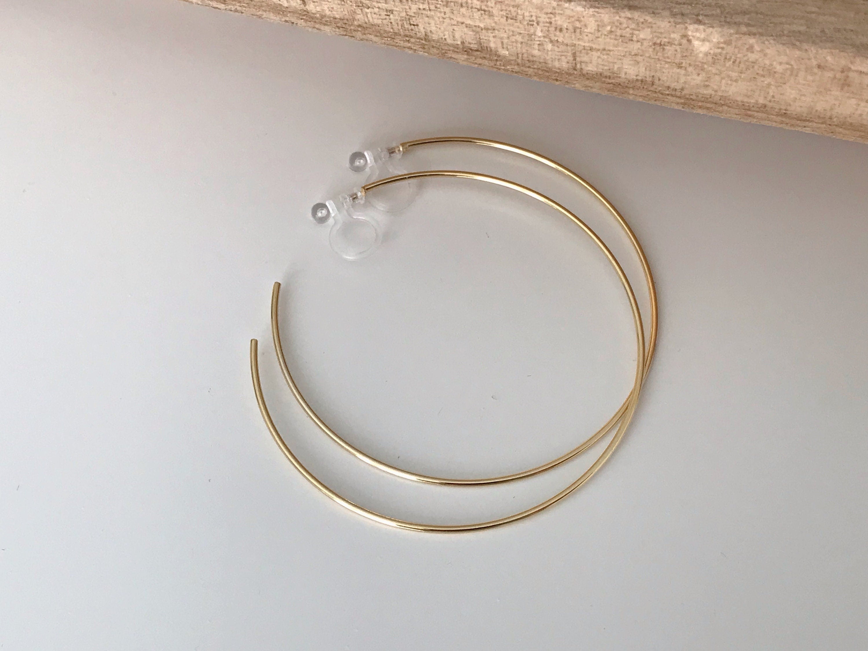 Large fine hoops. INVISIBLE Clip Earrings, Silver / Gold Hoops. Comfortable ear clips.