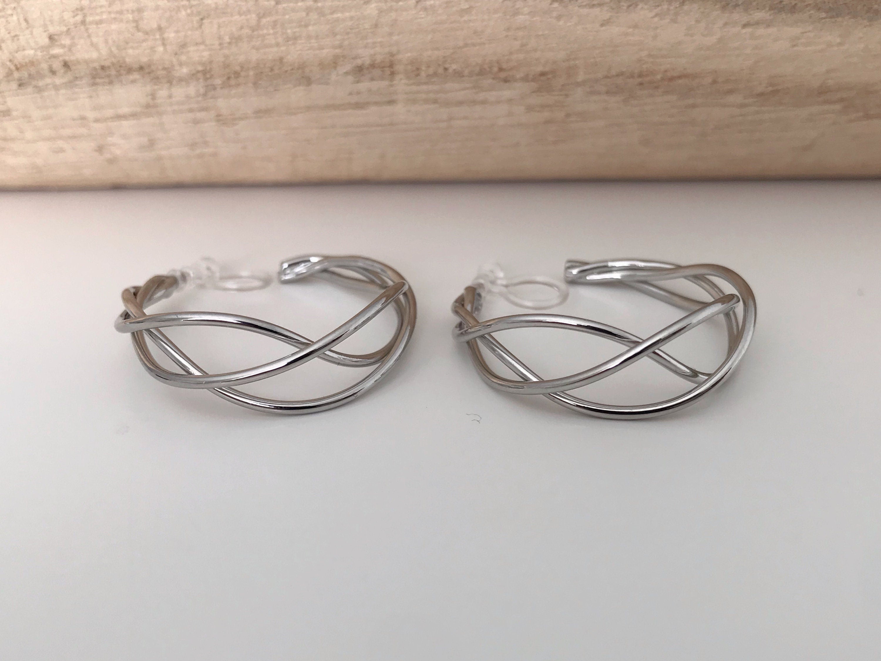 Anneaux Tricoté 30mm Clips Invisibles, Boucles d'oreille créole torsadé CLIPS couleur Or/ Argent oreilles non percées, Anneaux Créoles