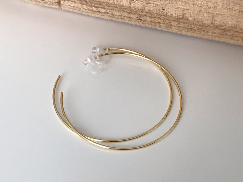 Large fine hoops. INVISIBLE Clip Earrings, Silver / Gold Hoops. Comfortable ear clips.