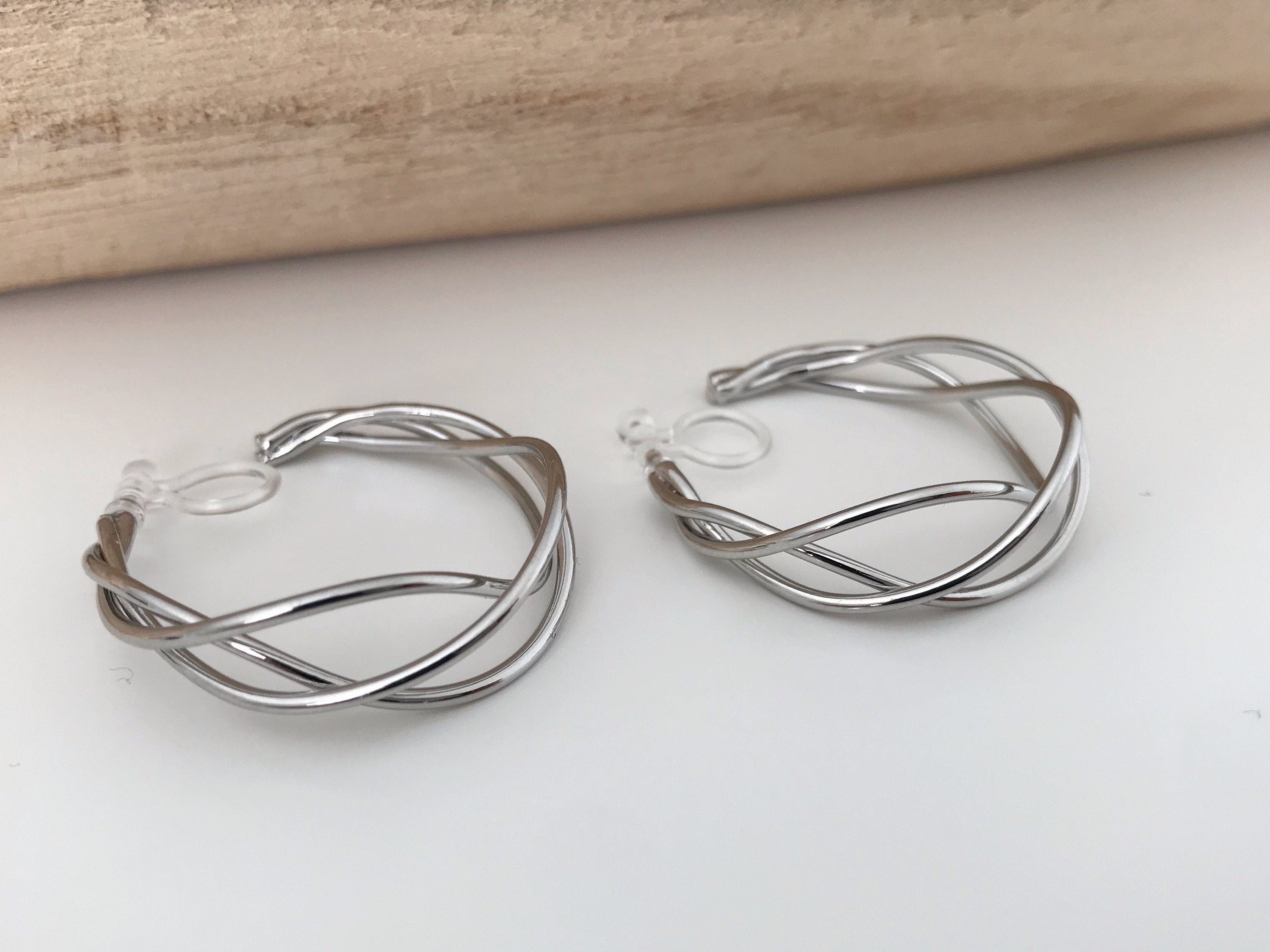 Anneaux Tricoté 30mm Clips Invisibles, Boucles d'oreille créole torsadé CLIPS couleur Or/ Argent oreilles non percées, Anneaux Créoles