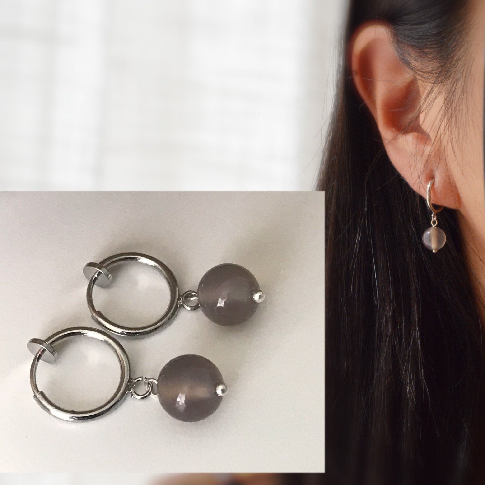 Boucles d'oreilles CLIPS créoles argenté Perle agate grise naturelle. Bijoux quotidien. Clips discret confortable Oreilles NON percées.