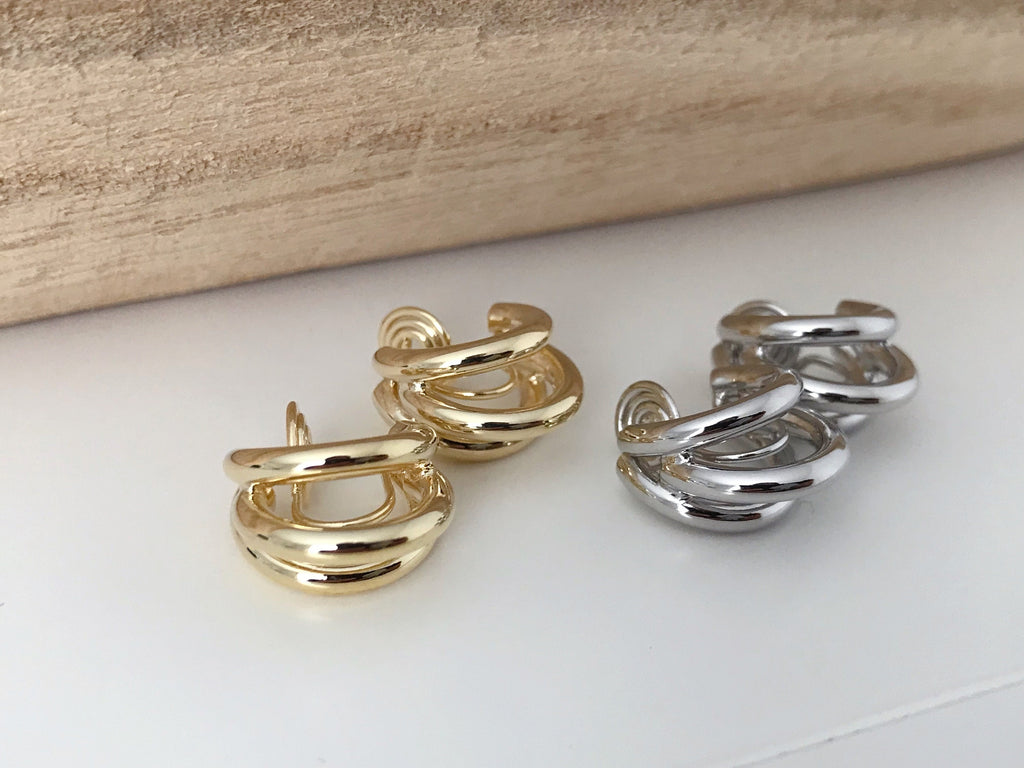 SANS DOULEUR ! Boucles d'oreilles CLIPS U spirale Triple cercles couleur Or / Argent. Clips d'oreilles confortable Boucles Délicates