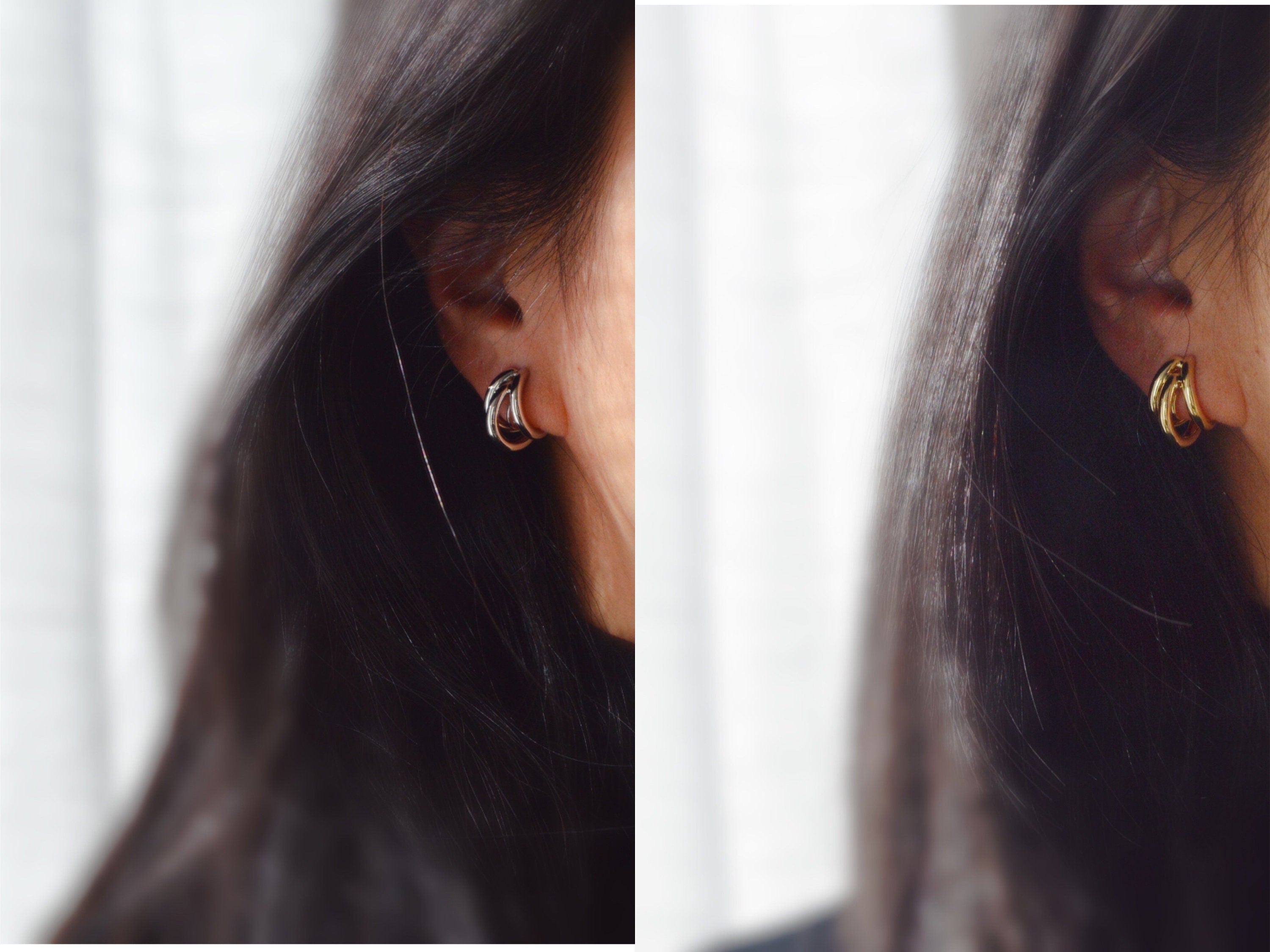 SANS DOULEUR ! Boucles d'oreilles CLIPS U spirale Triple cercles couleur Or / Argent. Clips d'oreilles confortable Boucles Délicates